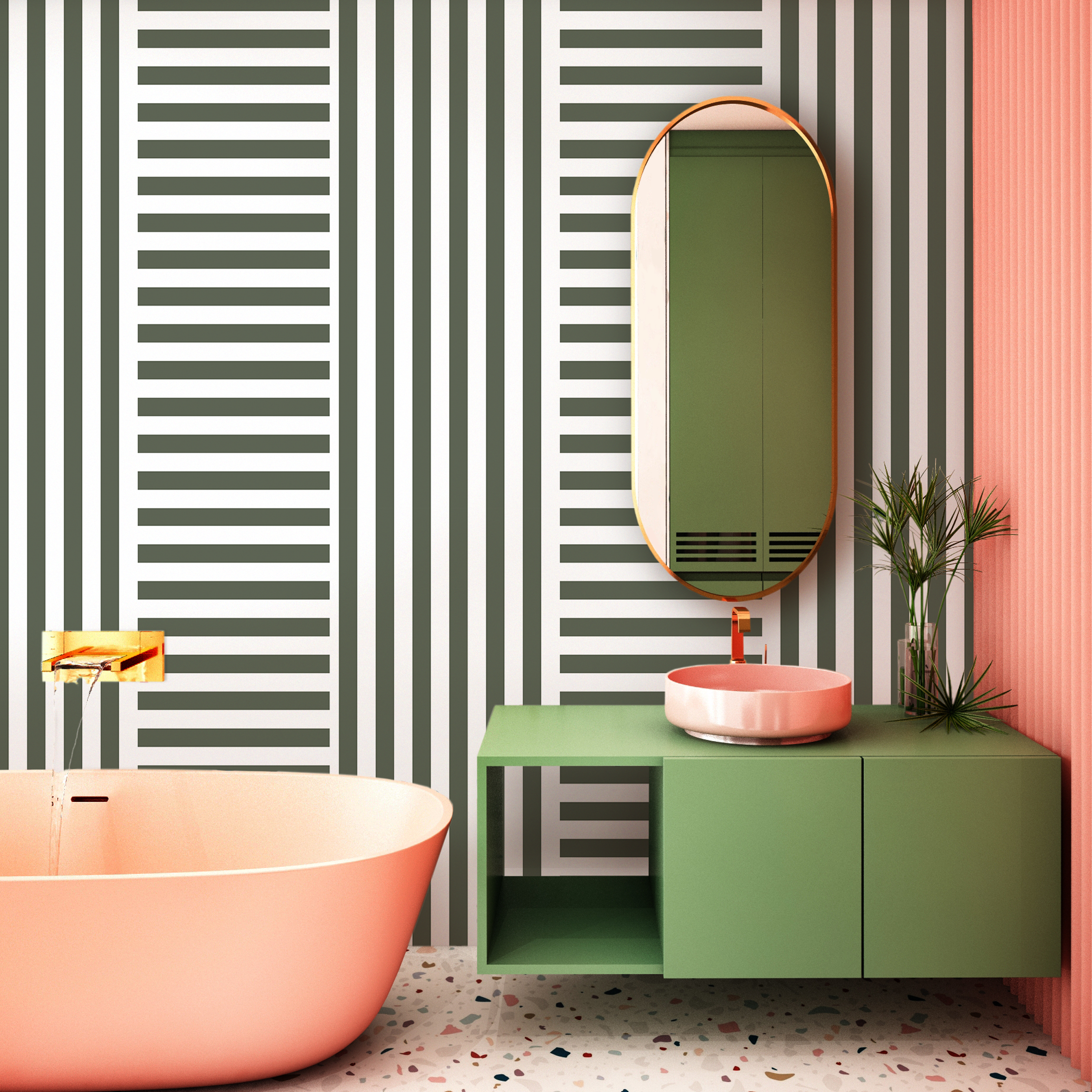 Geometric Wallpaper With Alternating Block Stripes In Olive Green - D735