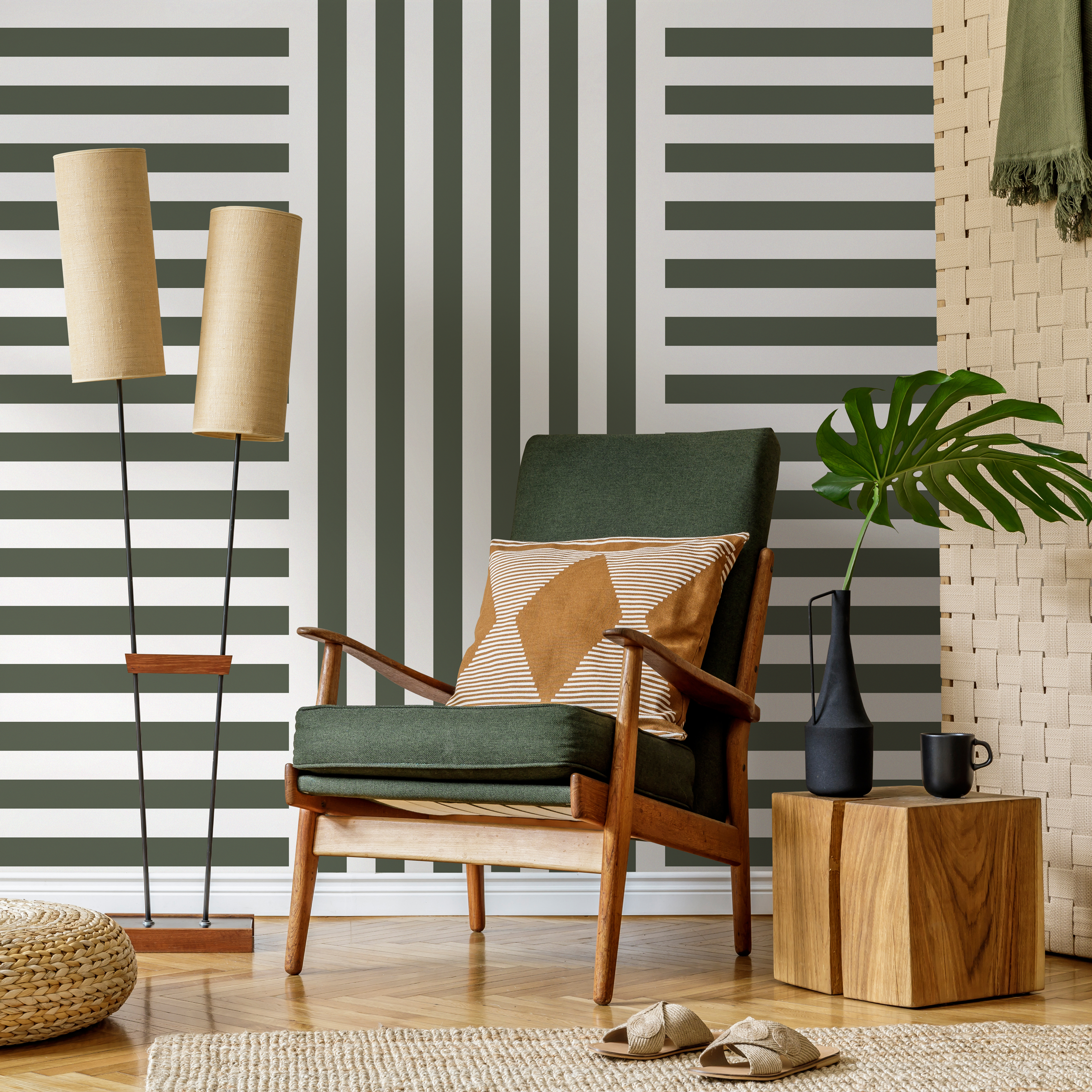 Geometric Wallpaper With Alternating Block Stripes In Olive Green - D735