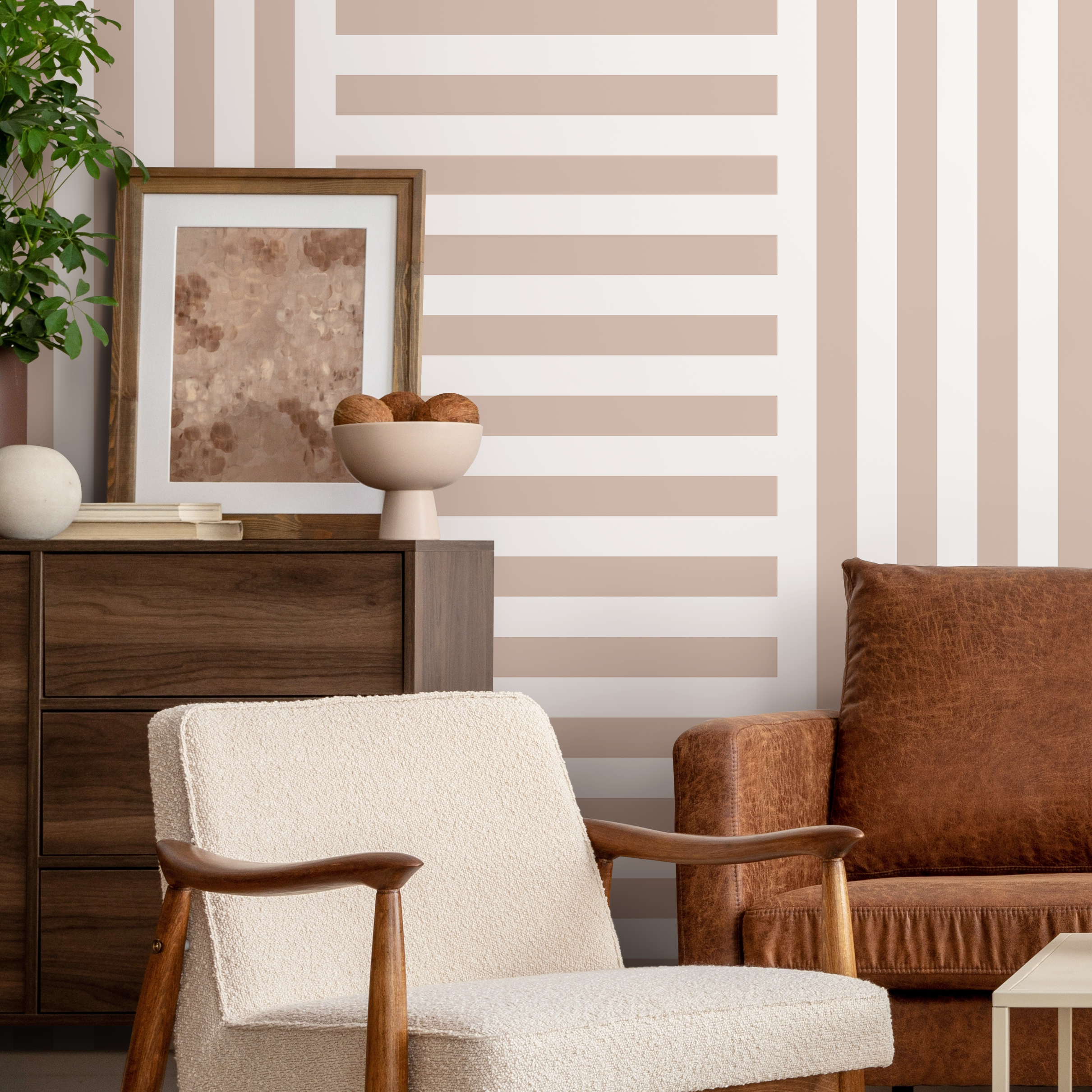 Geometric Wallpaper With Mixed Stripes In Beige And White - D737