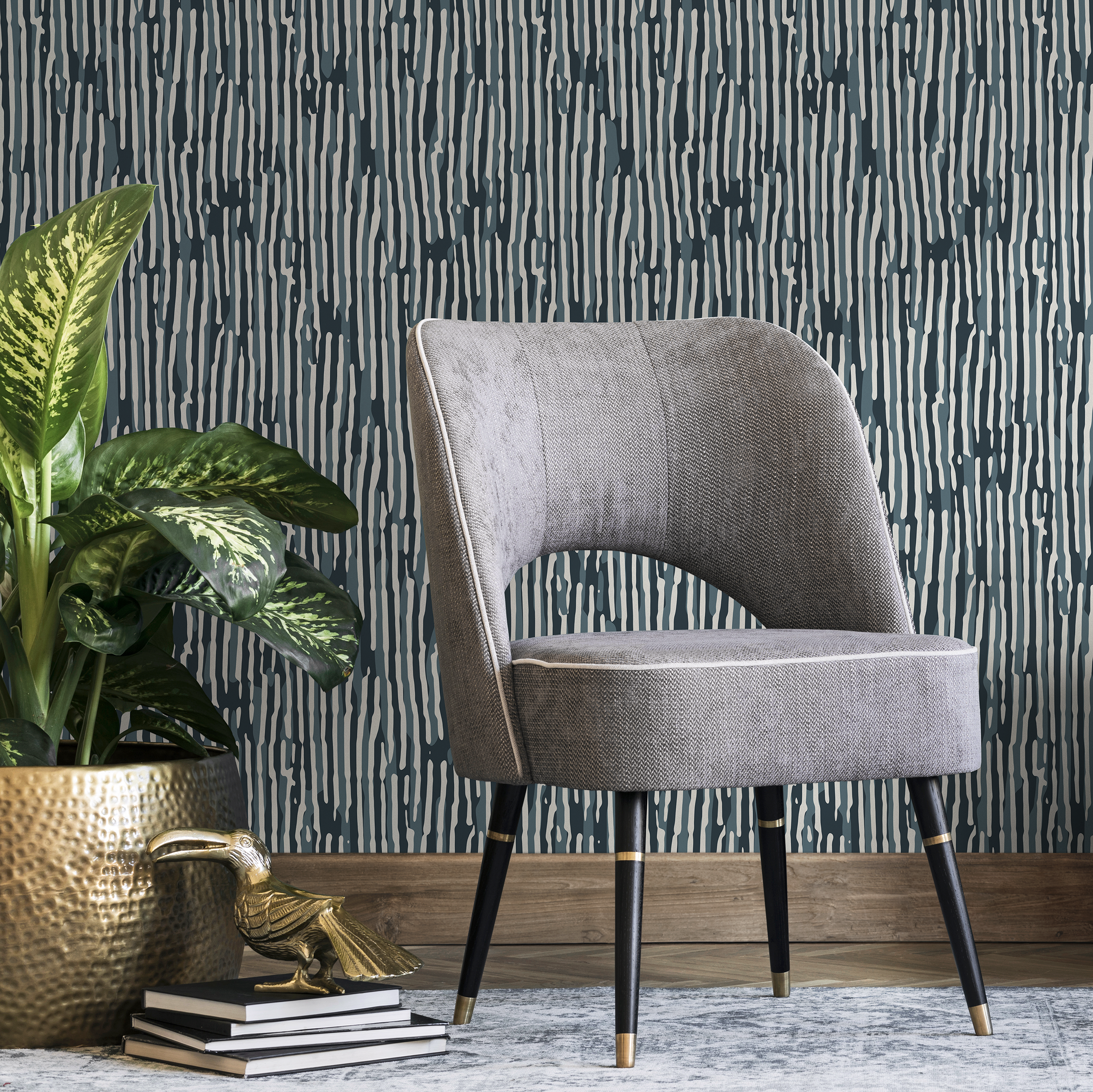 Abstract Wallpaper With An Organic Stripe Motif In Blue, Teal, And Cream - D744