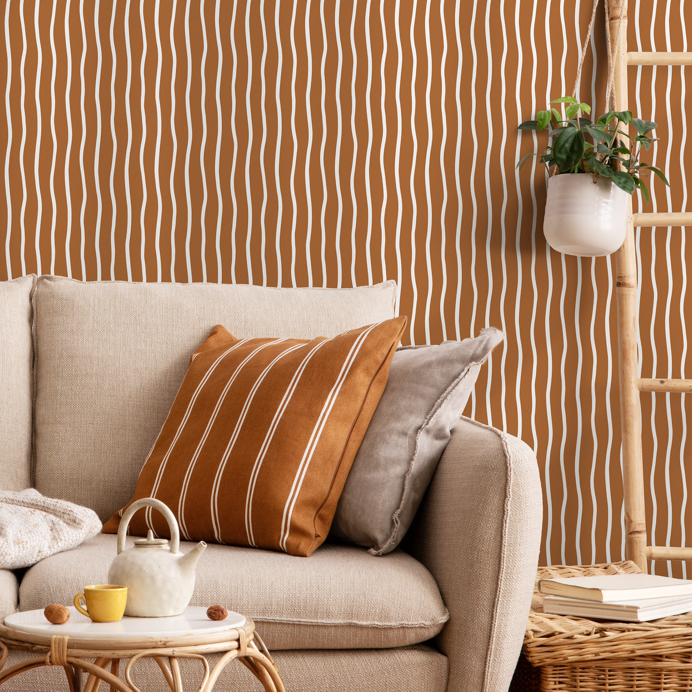 Abstract Wallpaper With Wavy Vertical Lines In Terracotta And White - D749
