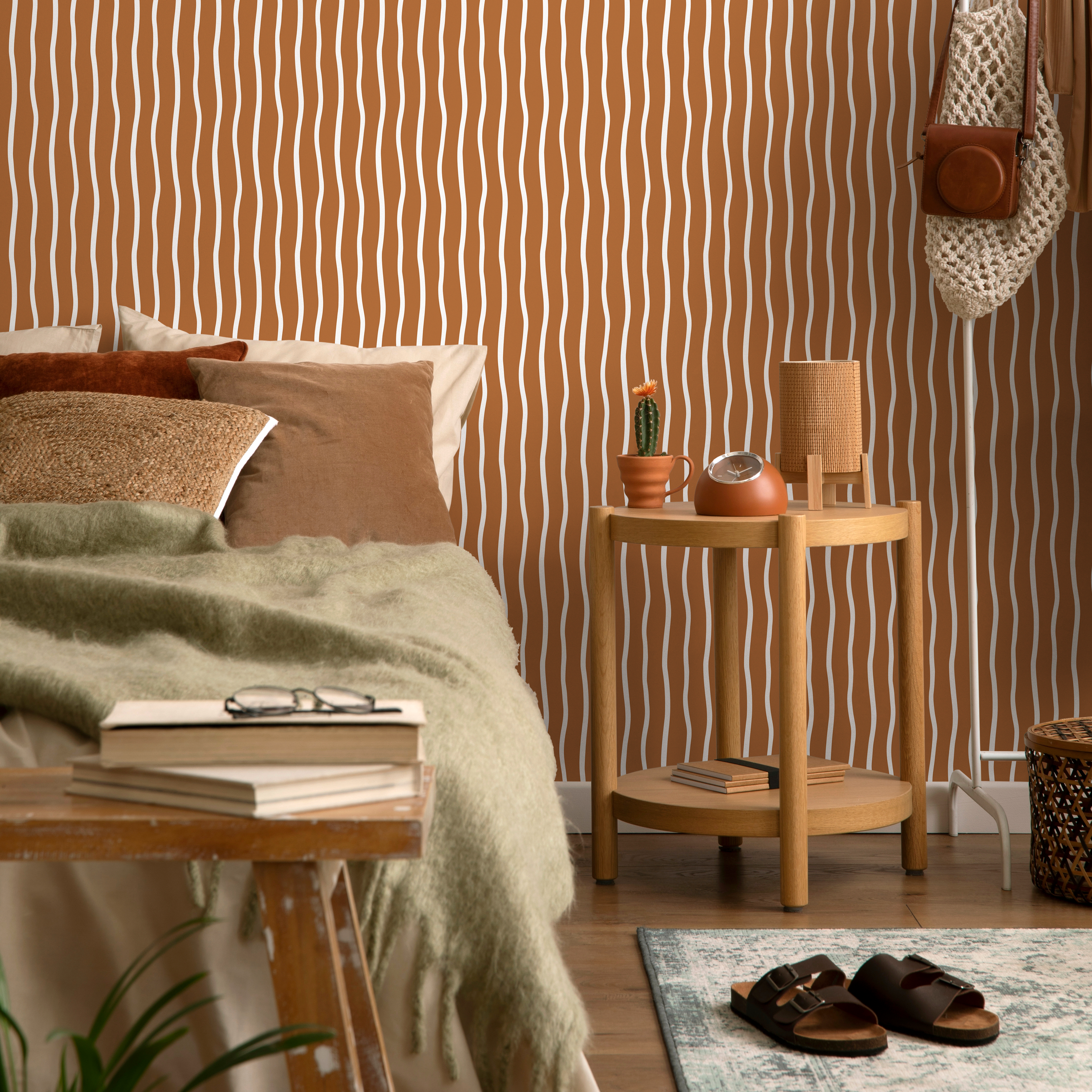 Abstract Wallpaper With Wavy Vertical Lines In Terracotta And White - D749