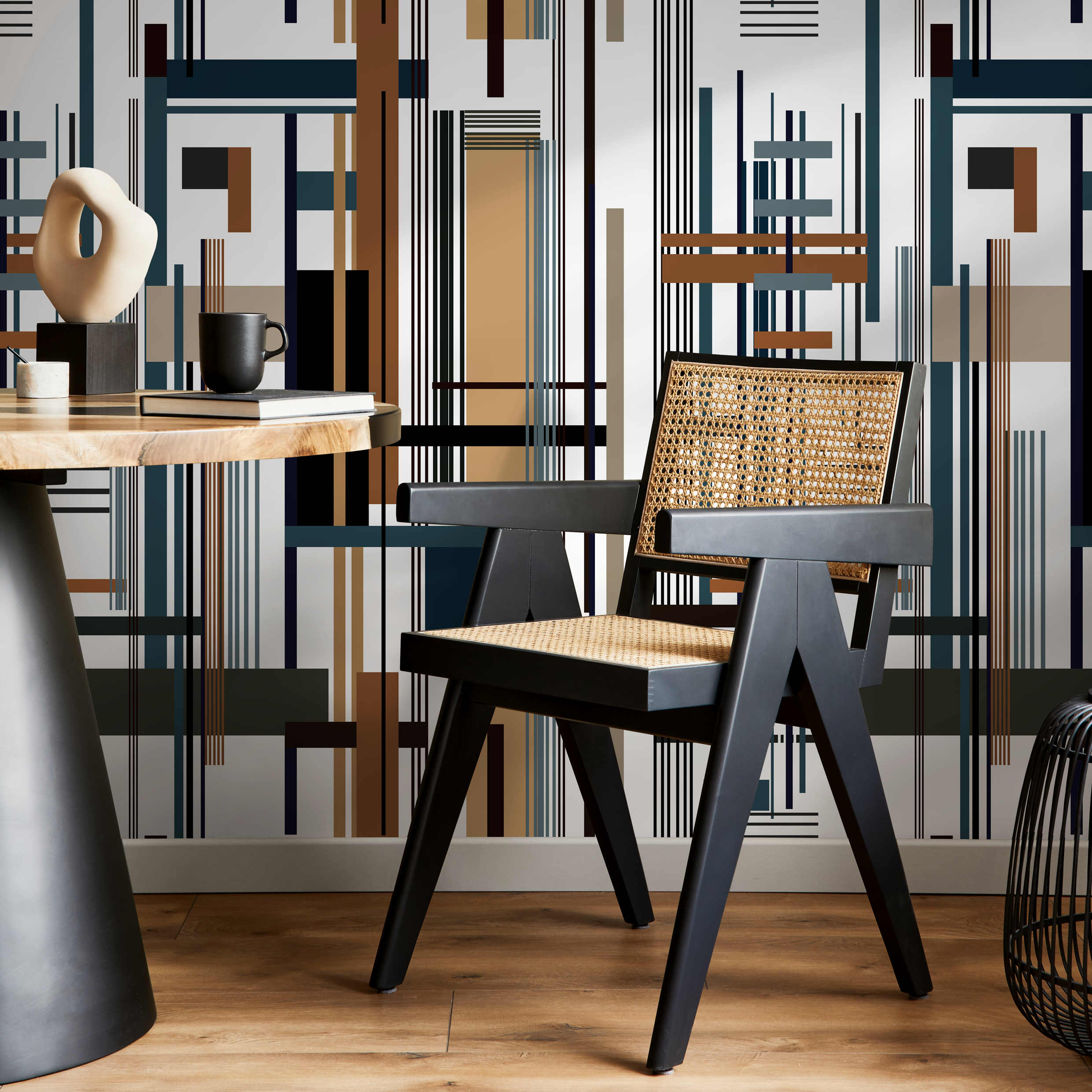 Abstract Wallpaper With Intersecting Geometric Lines In Black, Blue, And Brown - D752