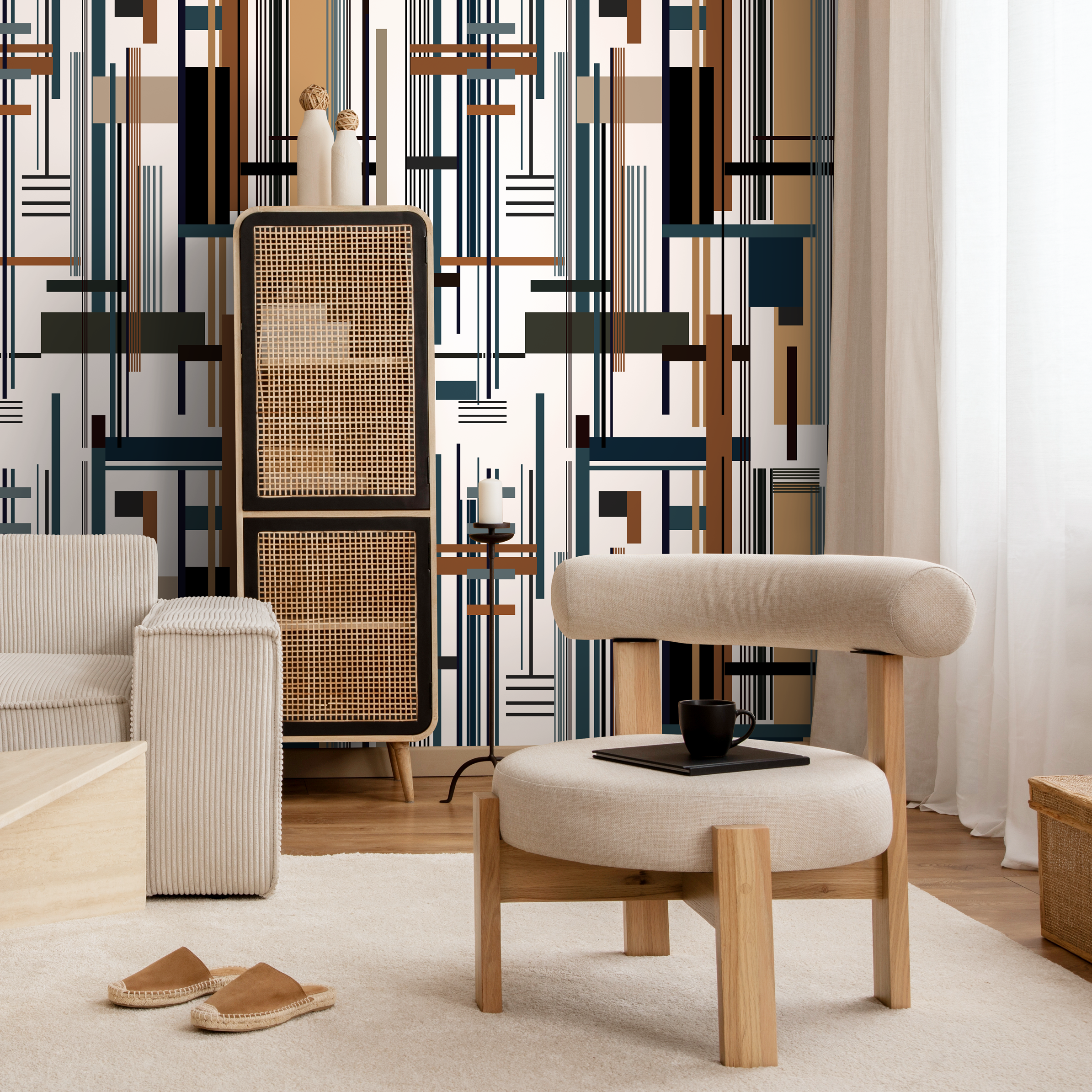 Abstract Wallpaper With Intersecting Geometric Lines In Black, Blue, And Brown - D752