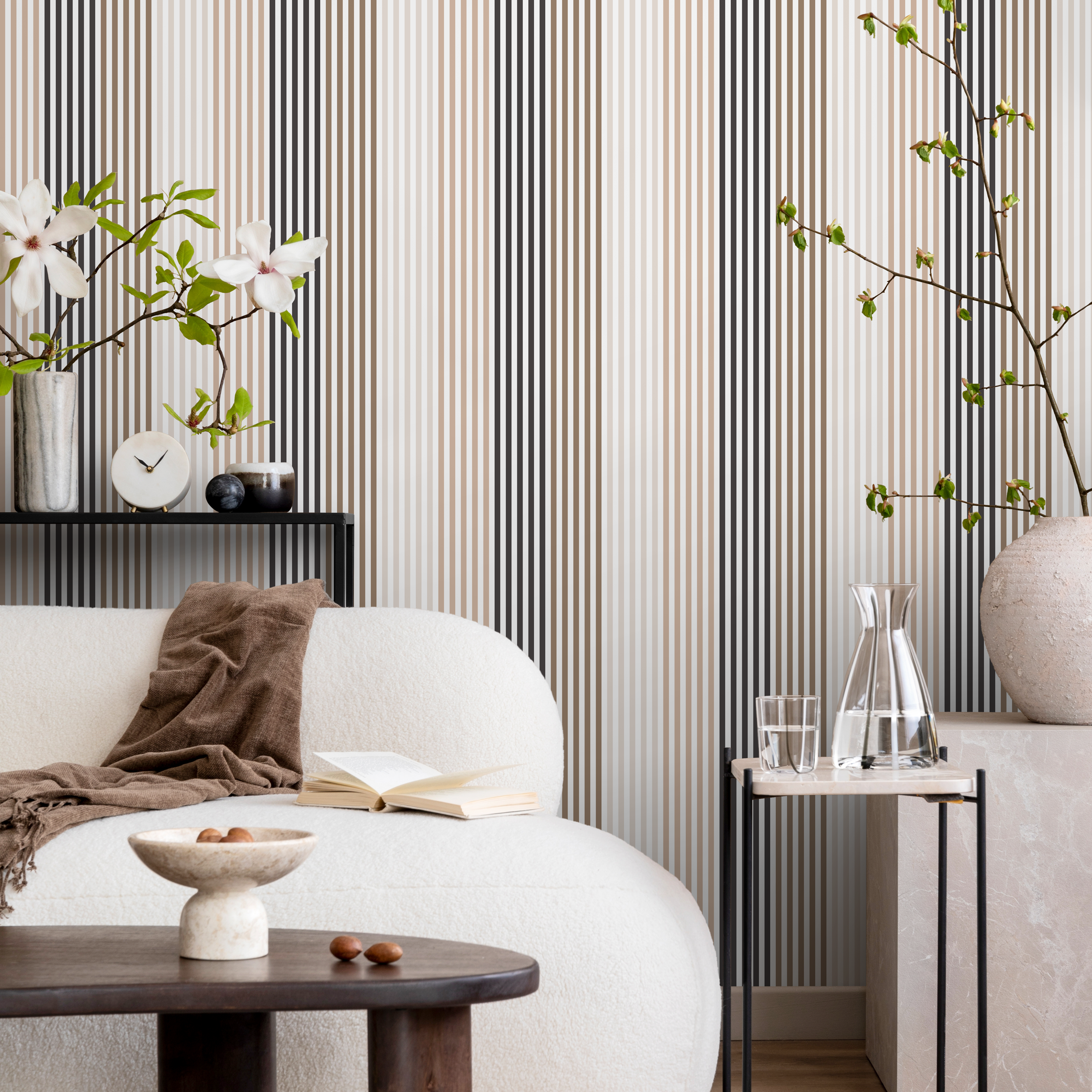 Modern Striped Wallpaper With Vertical Lines In Beige, Brown, And Black - D755
