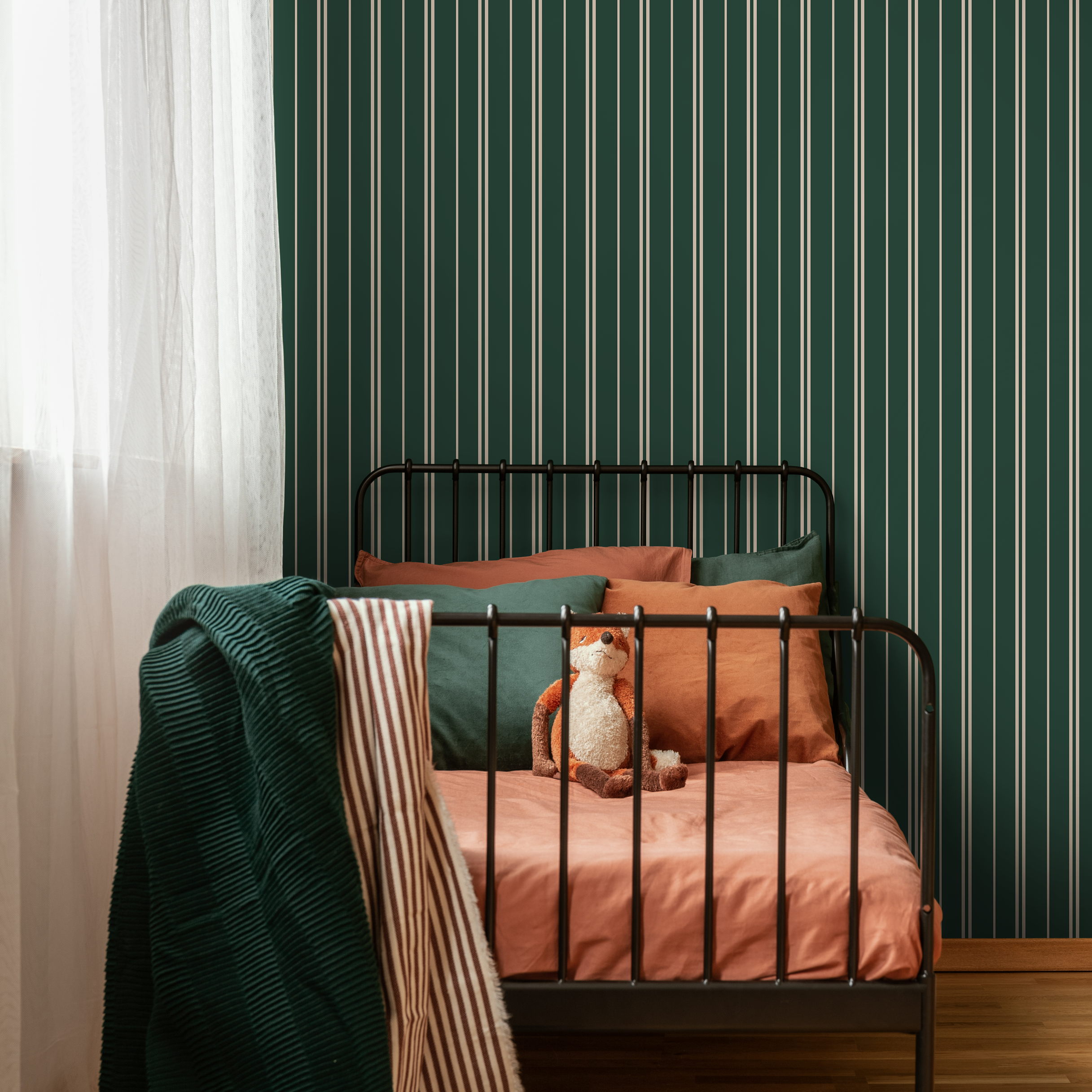 Striped Wallpaper With Thin Vertical Lines In Dark Green And Cream - D769