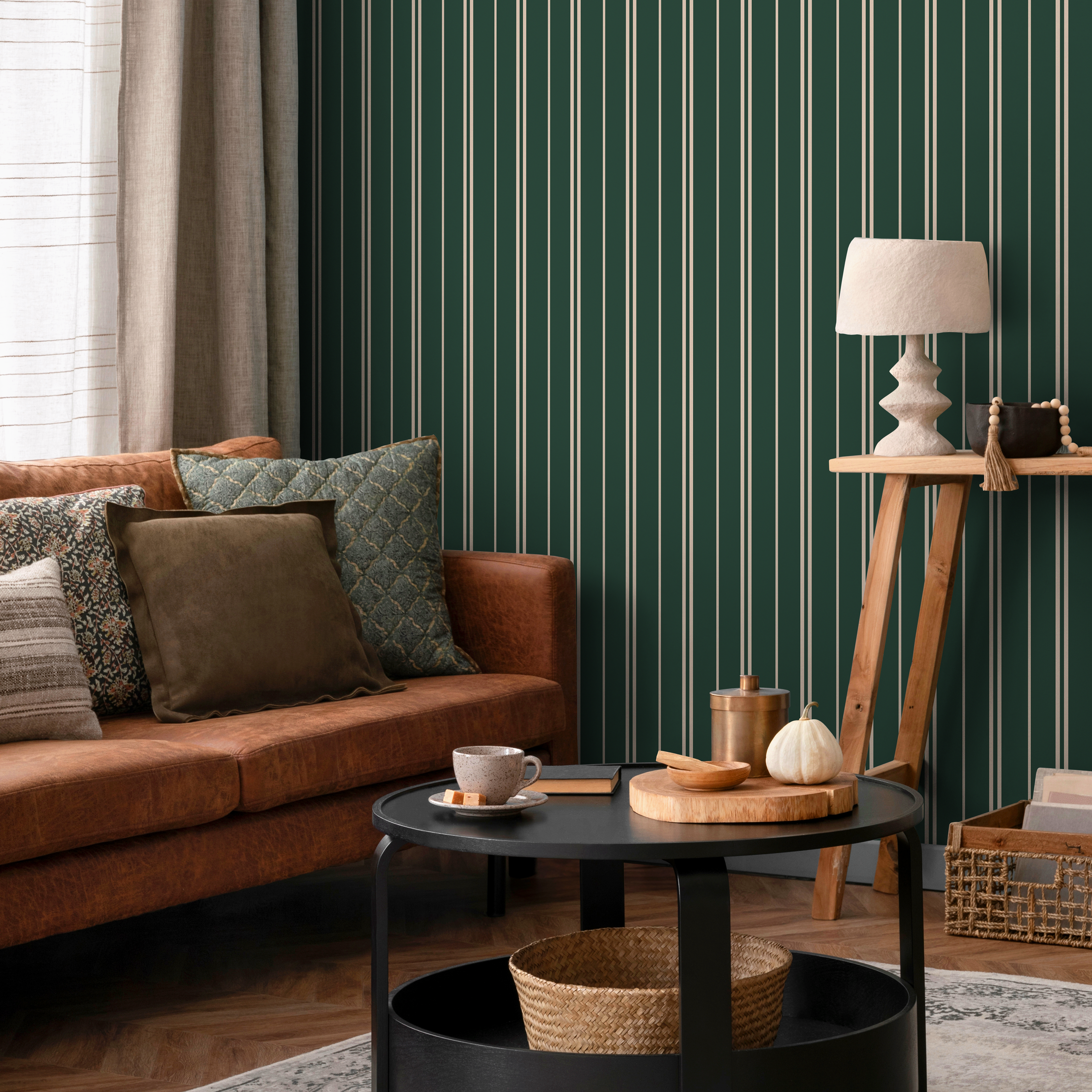 Striped Wallpaper With Thin Vertical Lines In Dark Green And Cream - D769