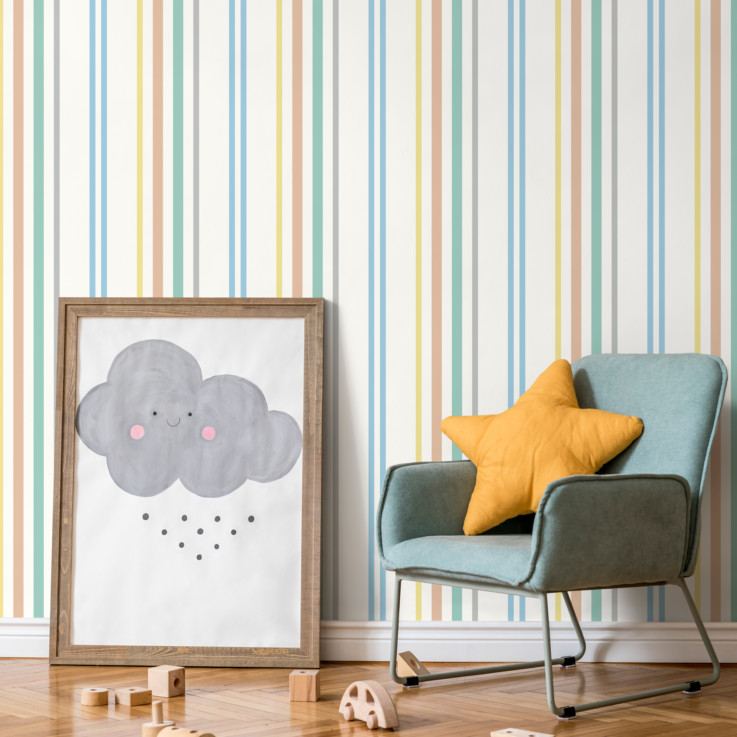 Striped Wallpaper Featuring Multicolored Vertical Stripes In Blue, Green, And Yellow - D786