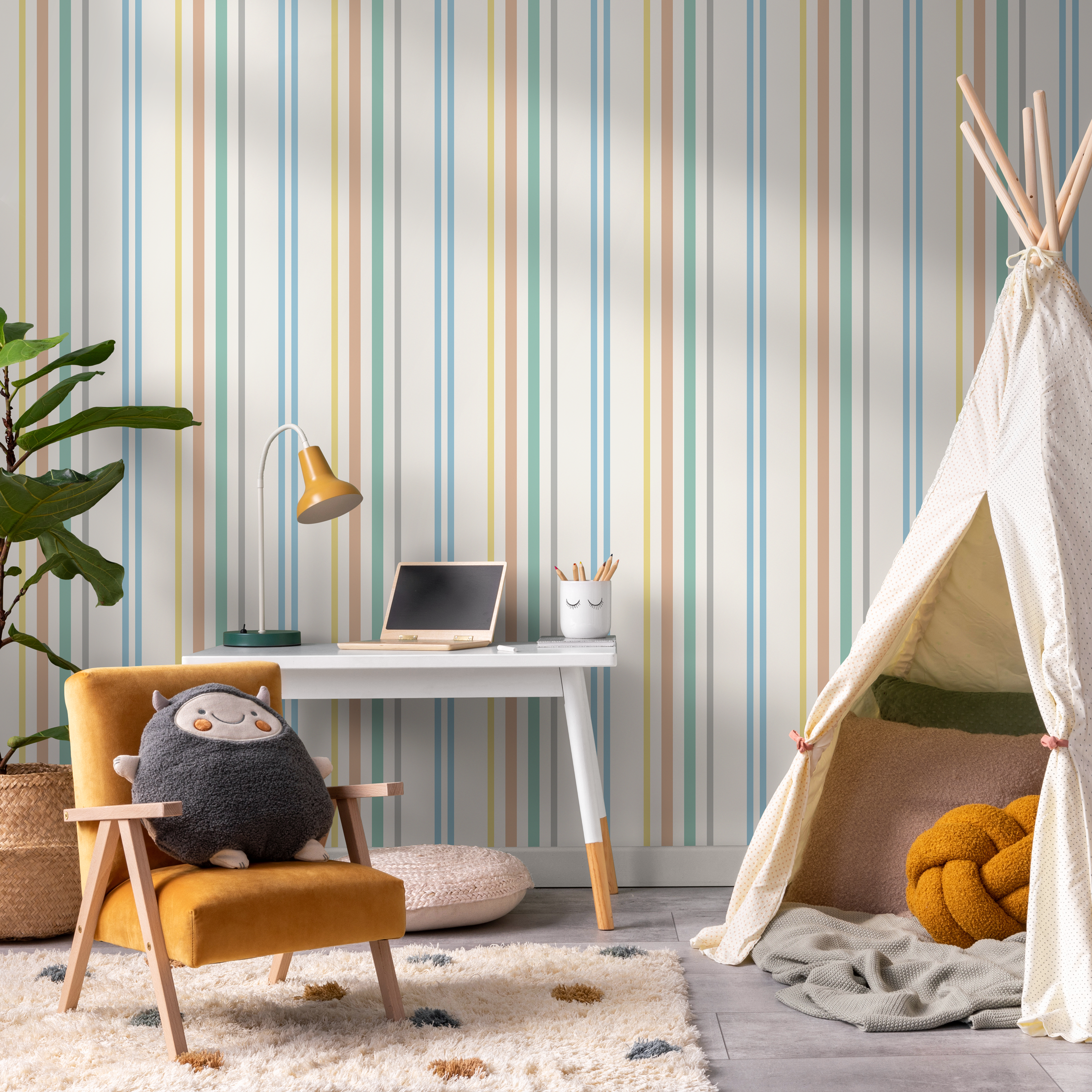 Striped Wallpaper Featuring Multicolored Vertical Stripes In Blue, Green, And Yellow - D786