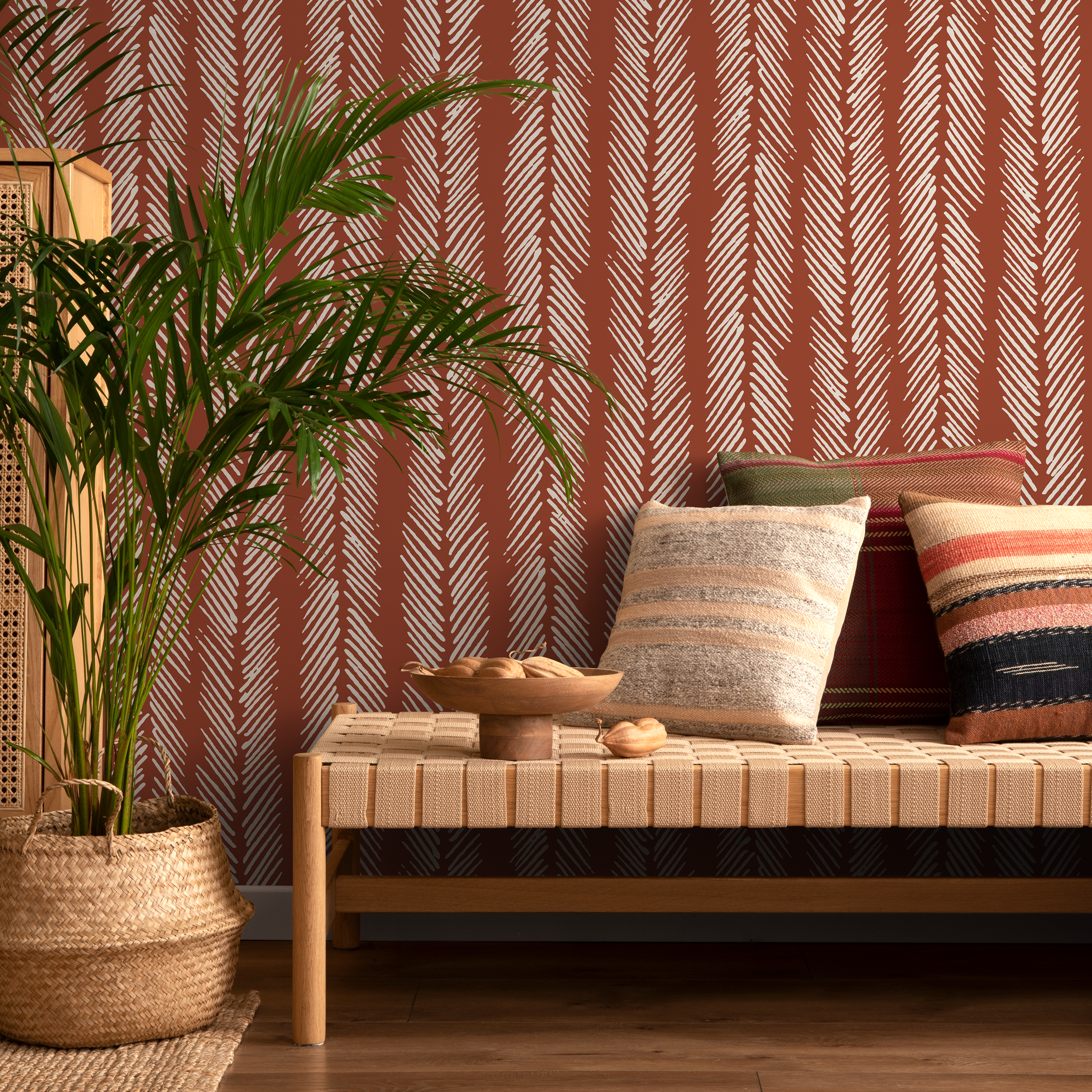 Herringbone Wallpaper With A Rustic Hand-drawn Motif In Terracotta And Off-white - D791