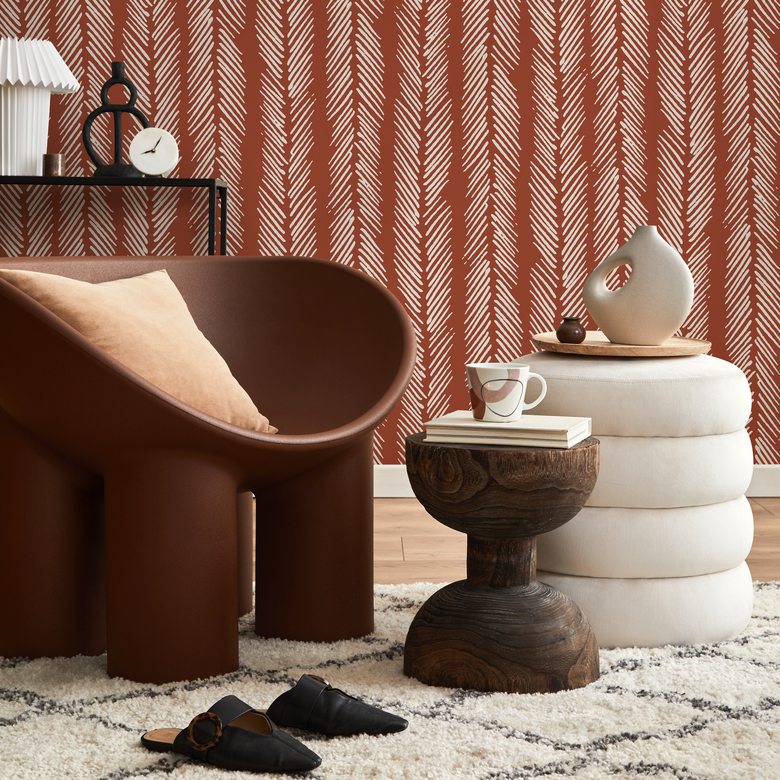 Herringbone Wallpaper With A Rustic Hand-drawn Motif In Terracotta And Off-white - D791
