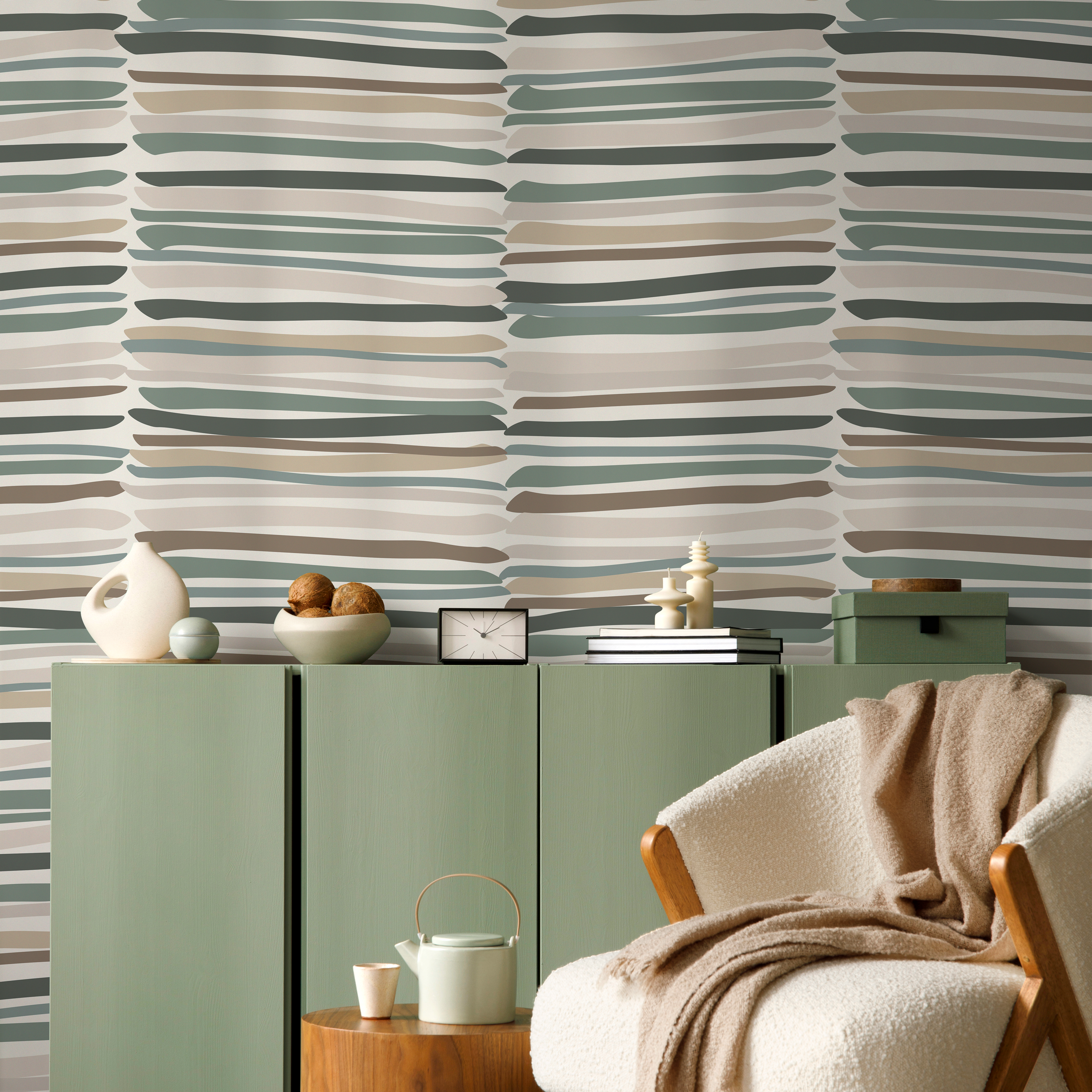 Striped Wallpaper With Organic Brushstrokes In Green, Brown, And Gray - D794