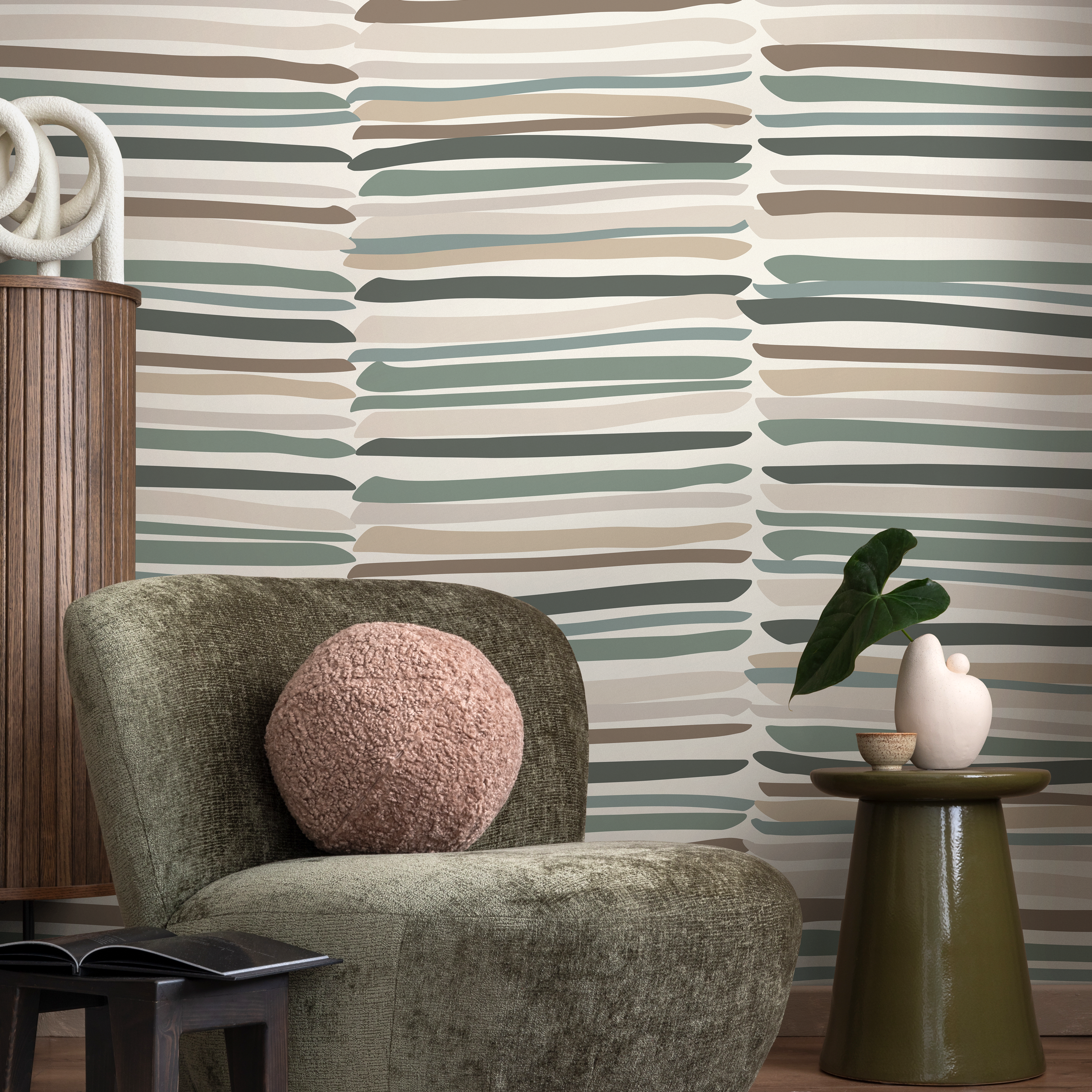 Striped Wallpaper With Organic Brushstrokes In Green, Brown, And Gray - D794