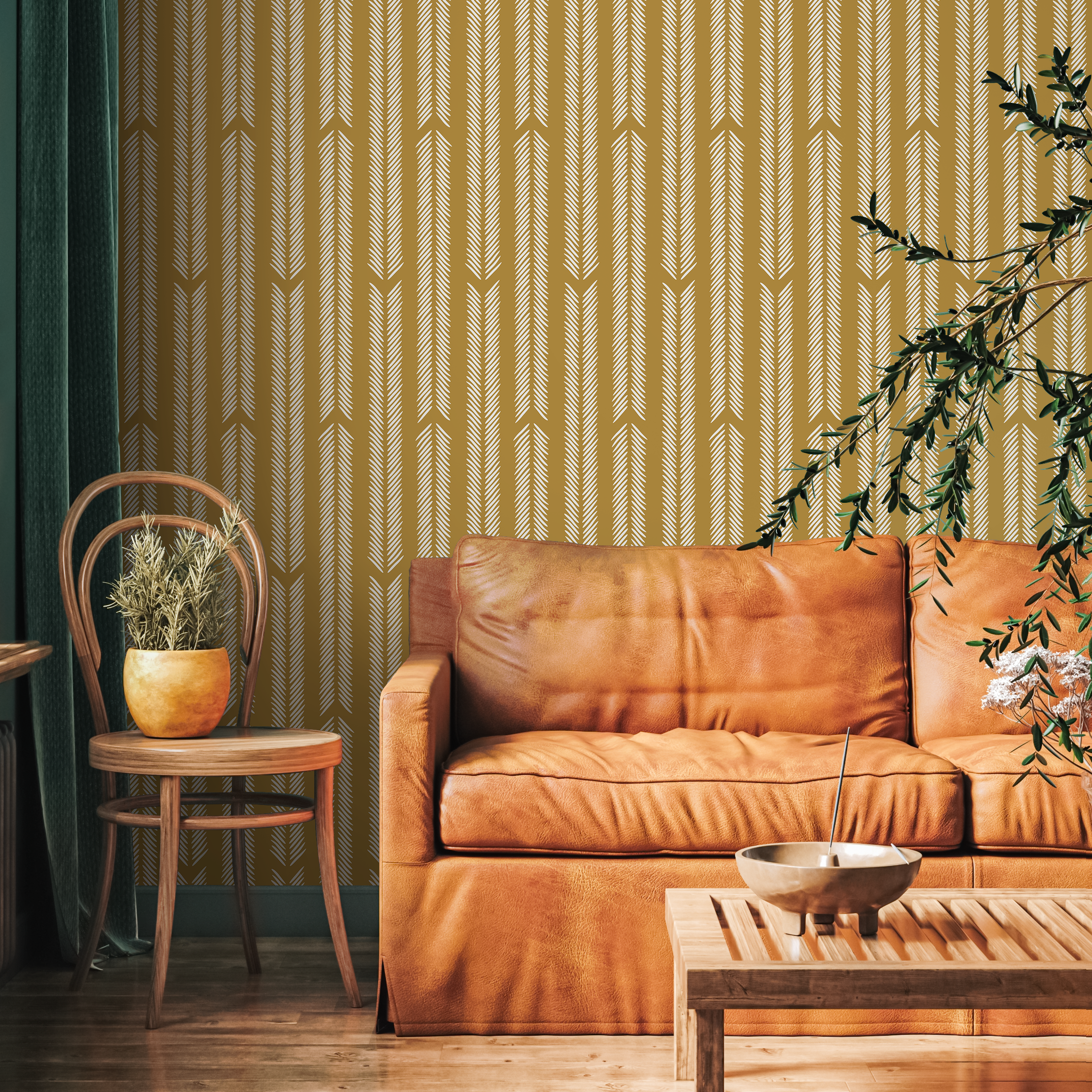 Herringbone Wallpaper With A Minimalist Arrow Motif In Mustard And Cream - D801