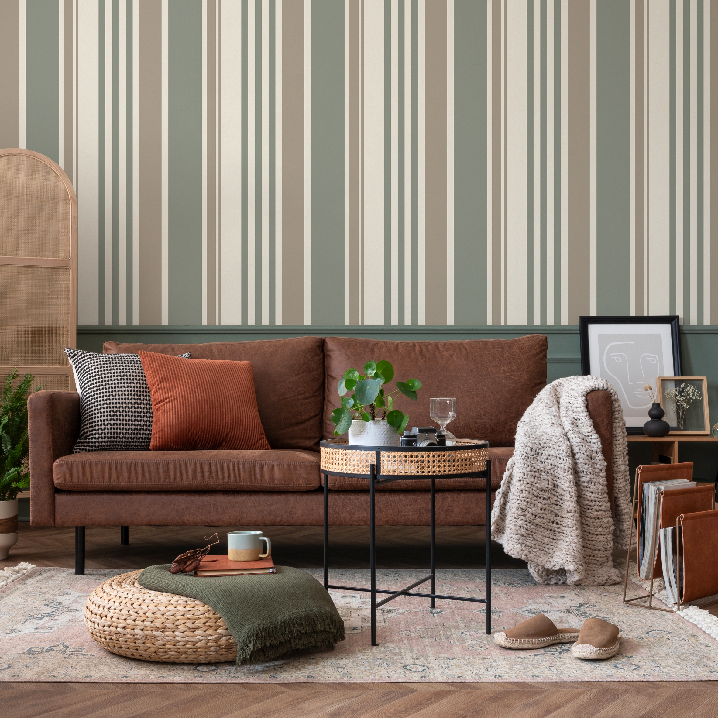 Striped Wallpaper With Vertical Lines In Green, Grey, And Cream - D808