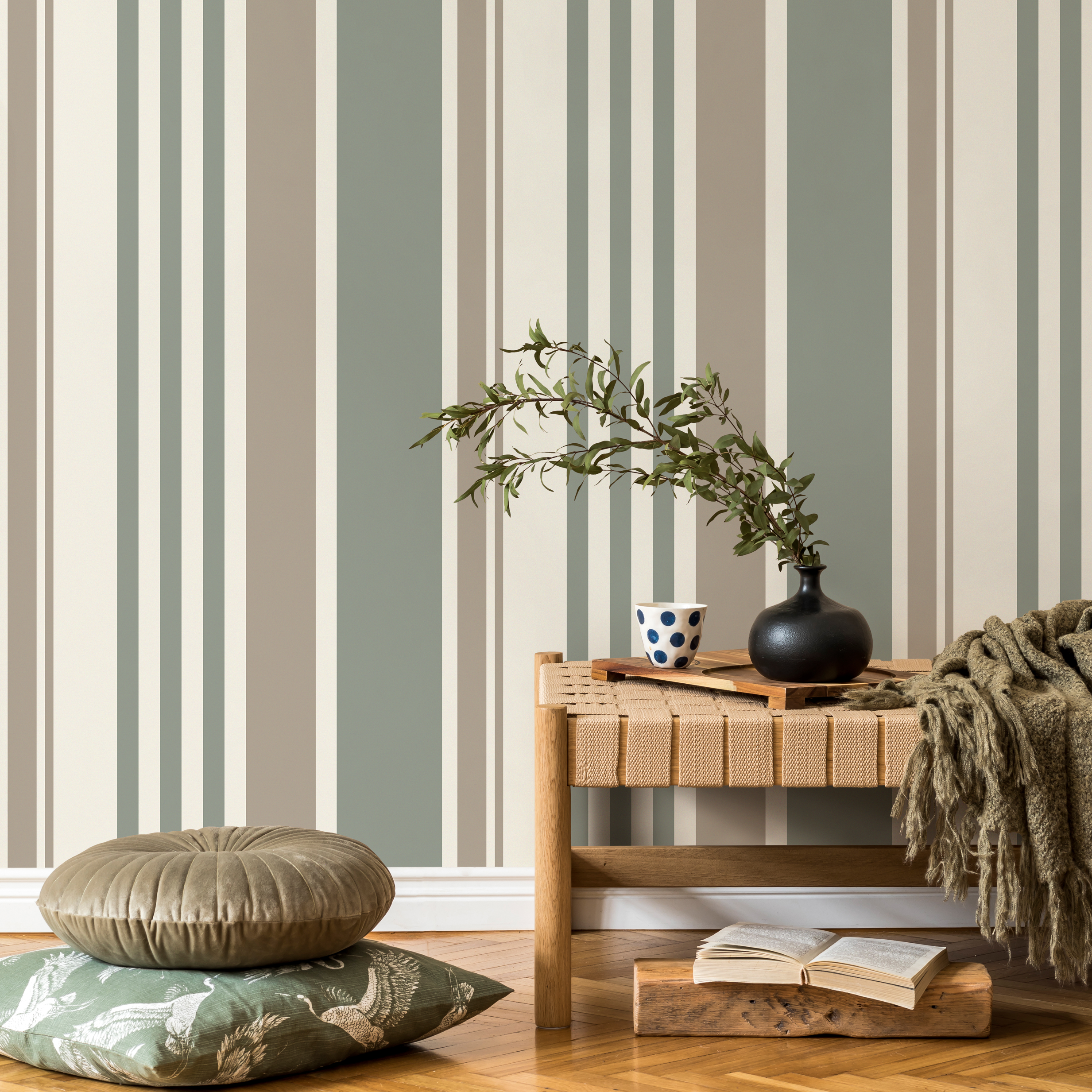 Striped Wallpaper With Vertical Lines In Green, Grey, And Cream - D808