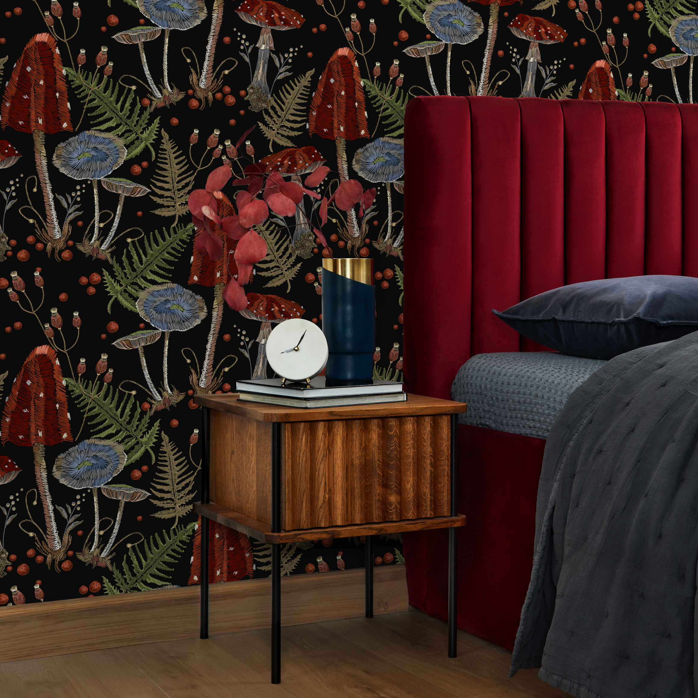 Mushroom Wallpaper Featuring Red And Blue Toadstools In Black And Green - D813