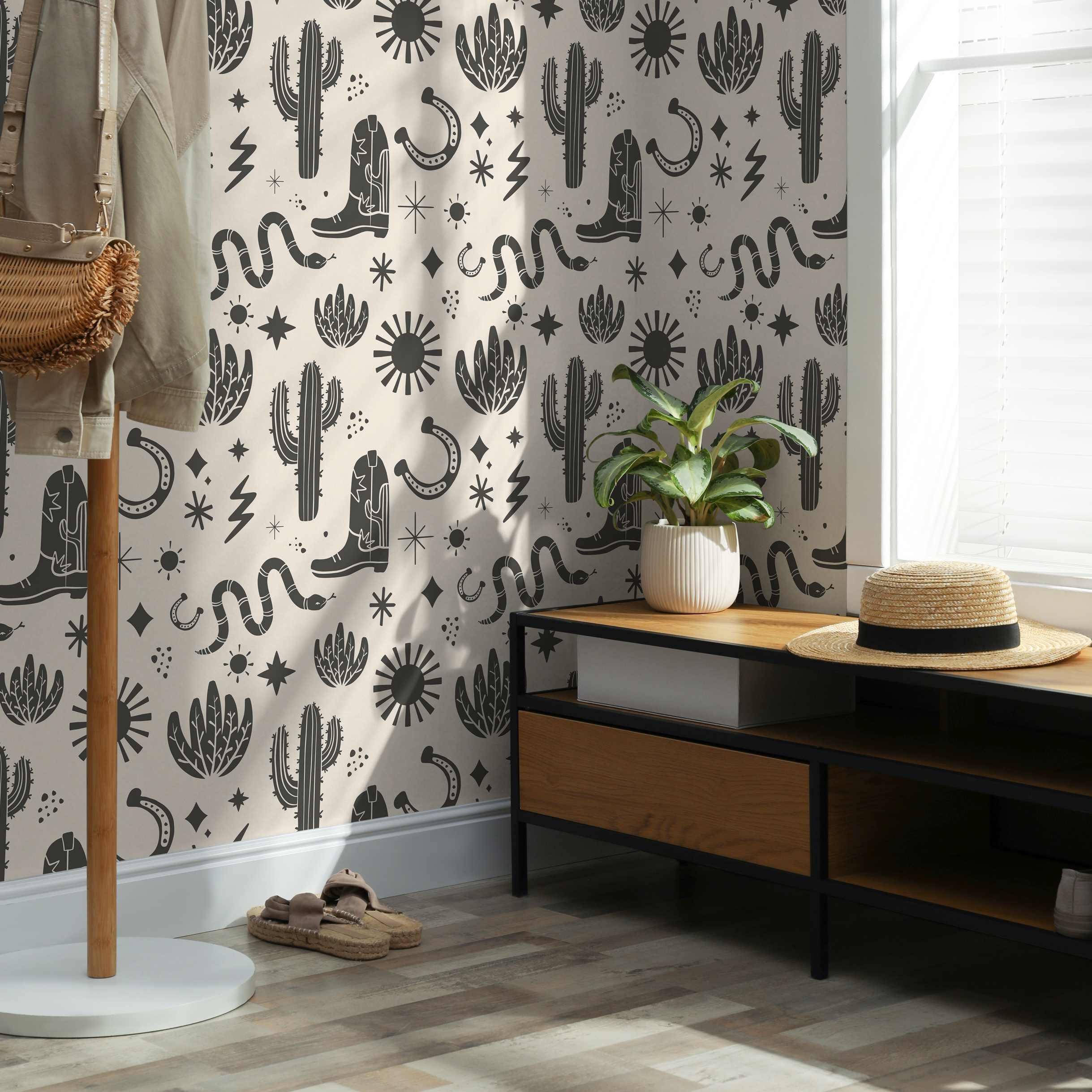 Western Wallpaper With Desert Icons In Charcoal And Beige - D826