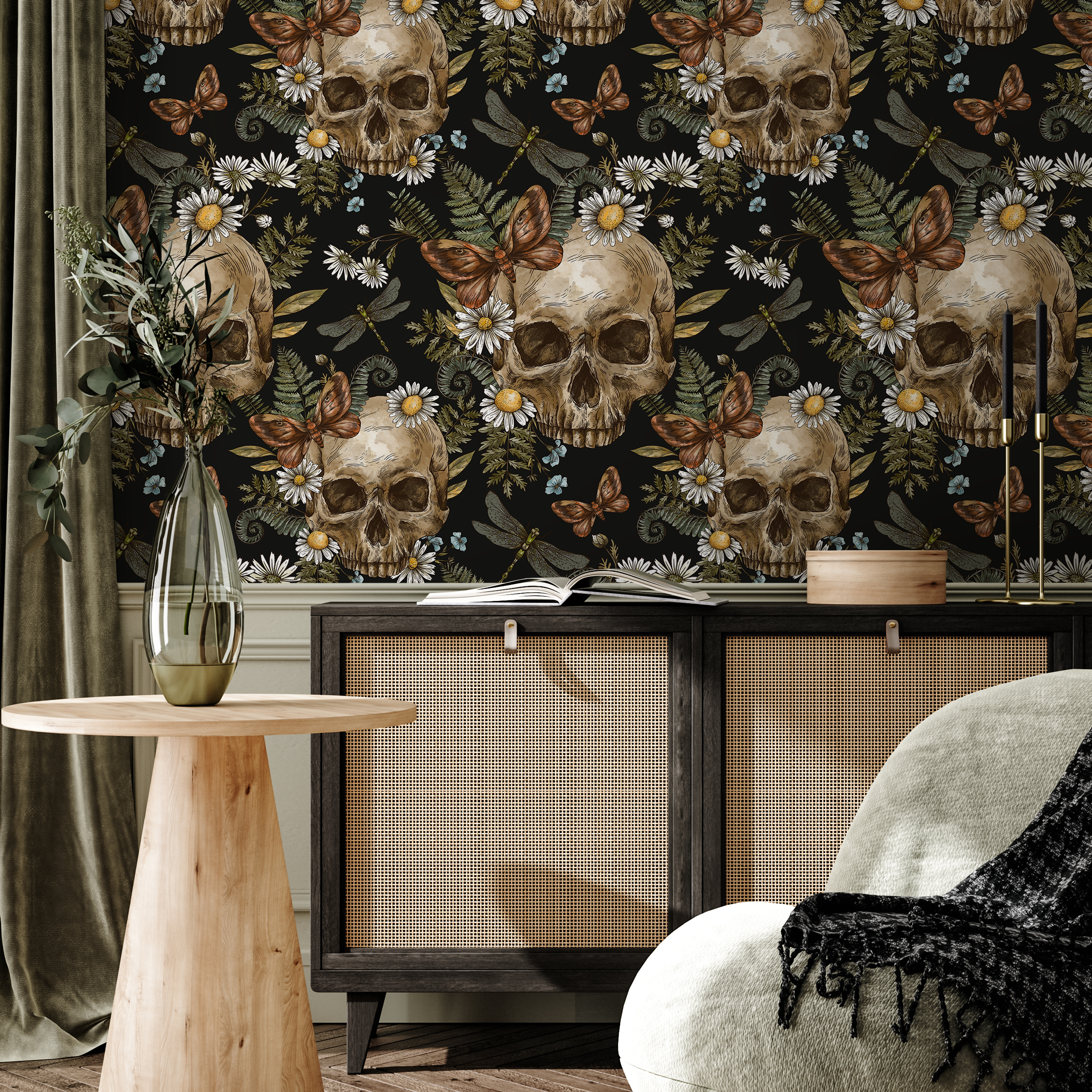 Gothic Wallpaper With Skulls, Ferns, And Daisies In Black, Green, And Brown - D829