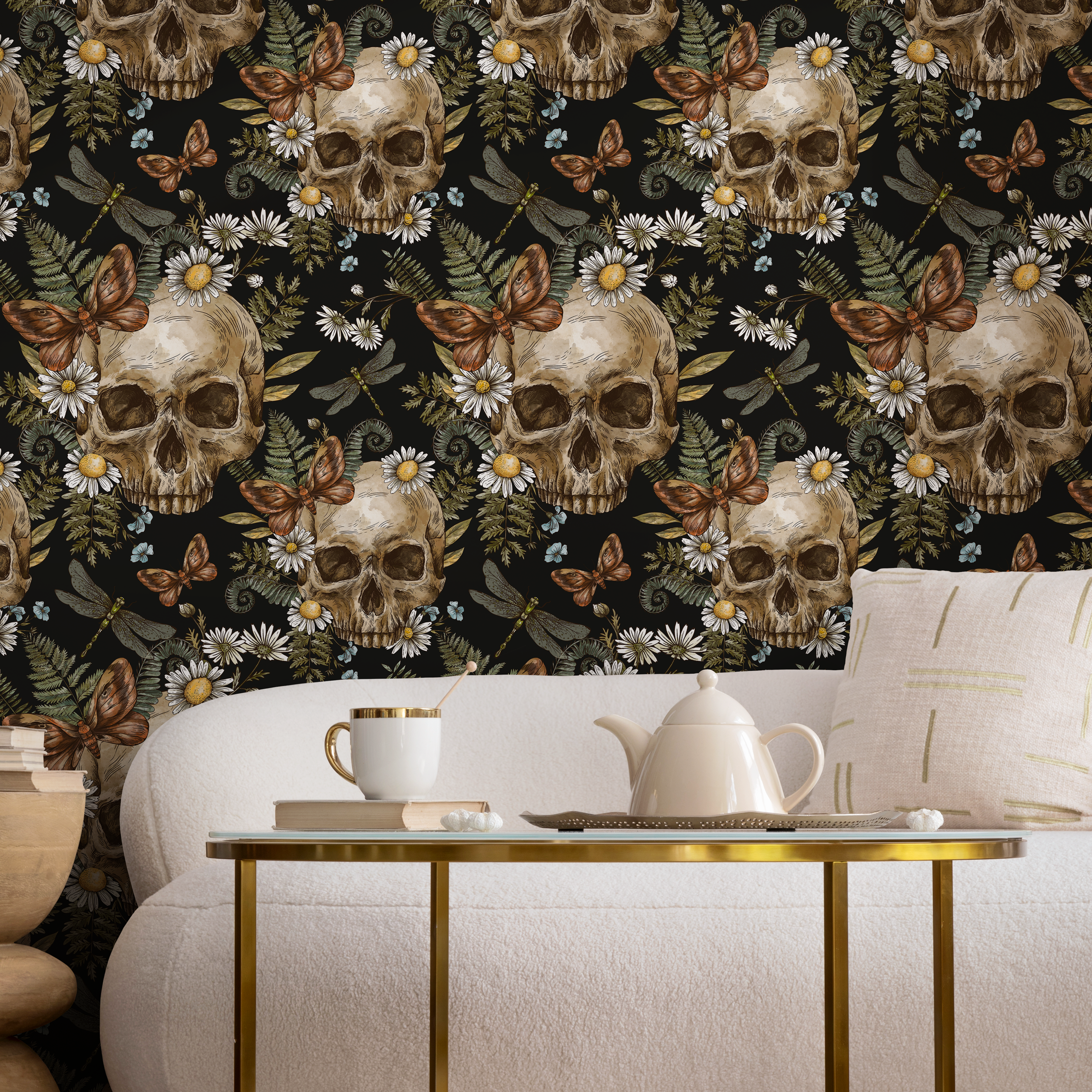 Gothic Wallpaper With Skulls, Ferns, And Daisies In Black, Green, And Brown - D829