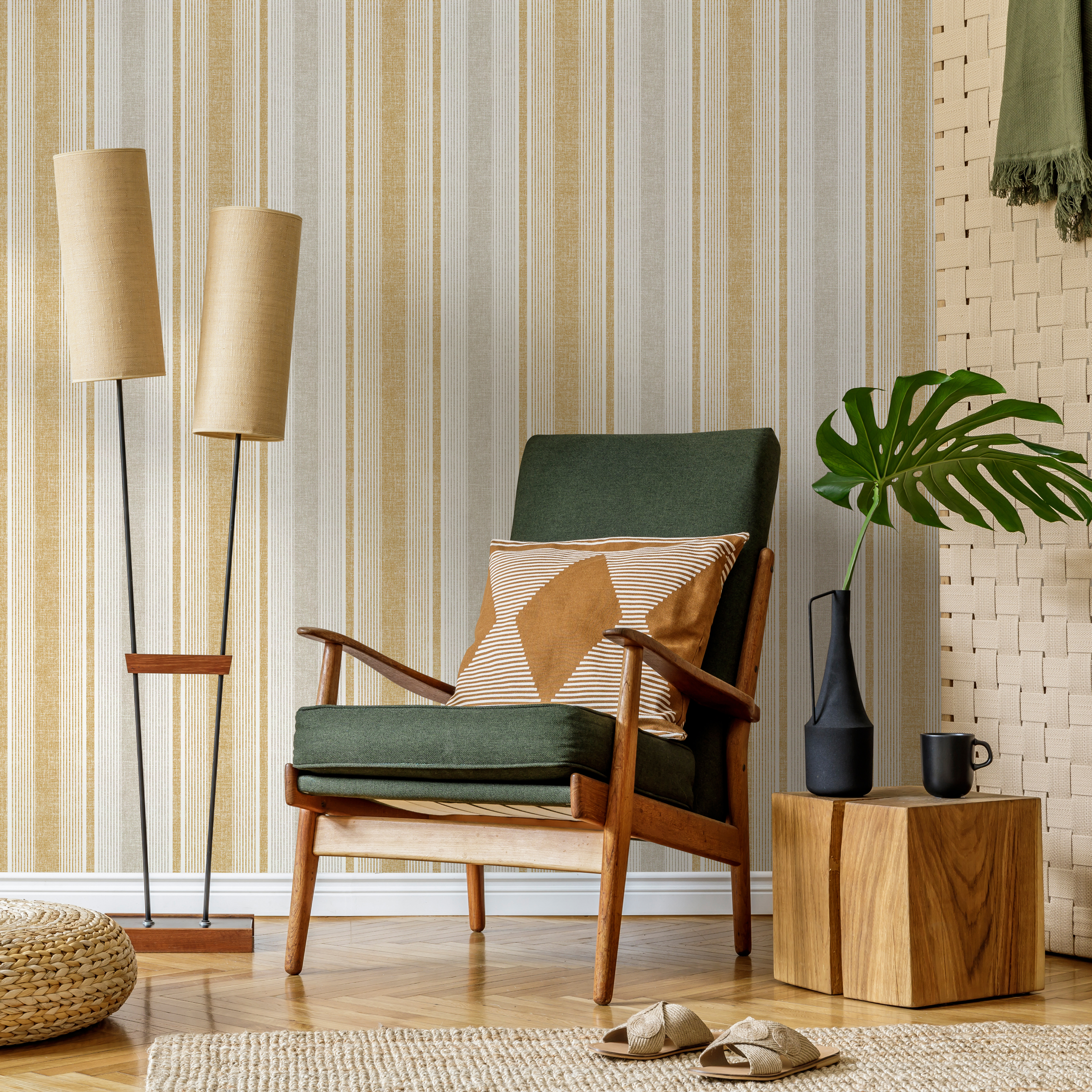 Textured Wallpaper With Vertical Stripes In Yellow, Grey, And Beige - D840