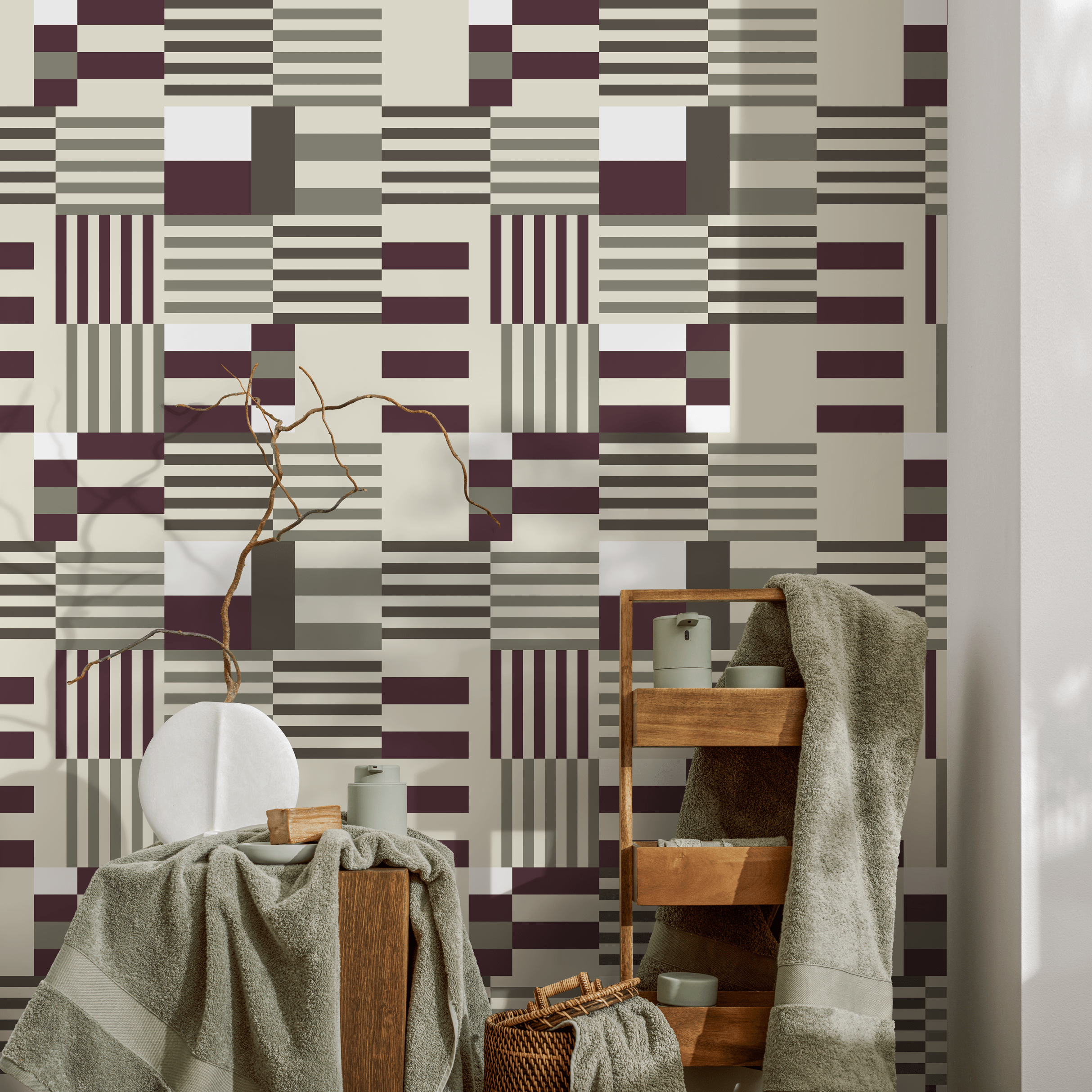 Geometric Wallpaper With A Modern Block Motif In Purple, Grey, And Beige - D846