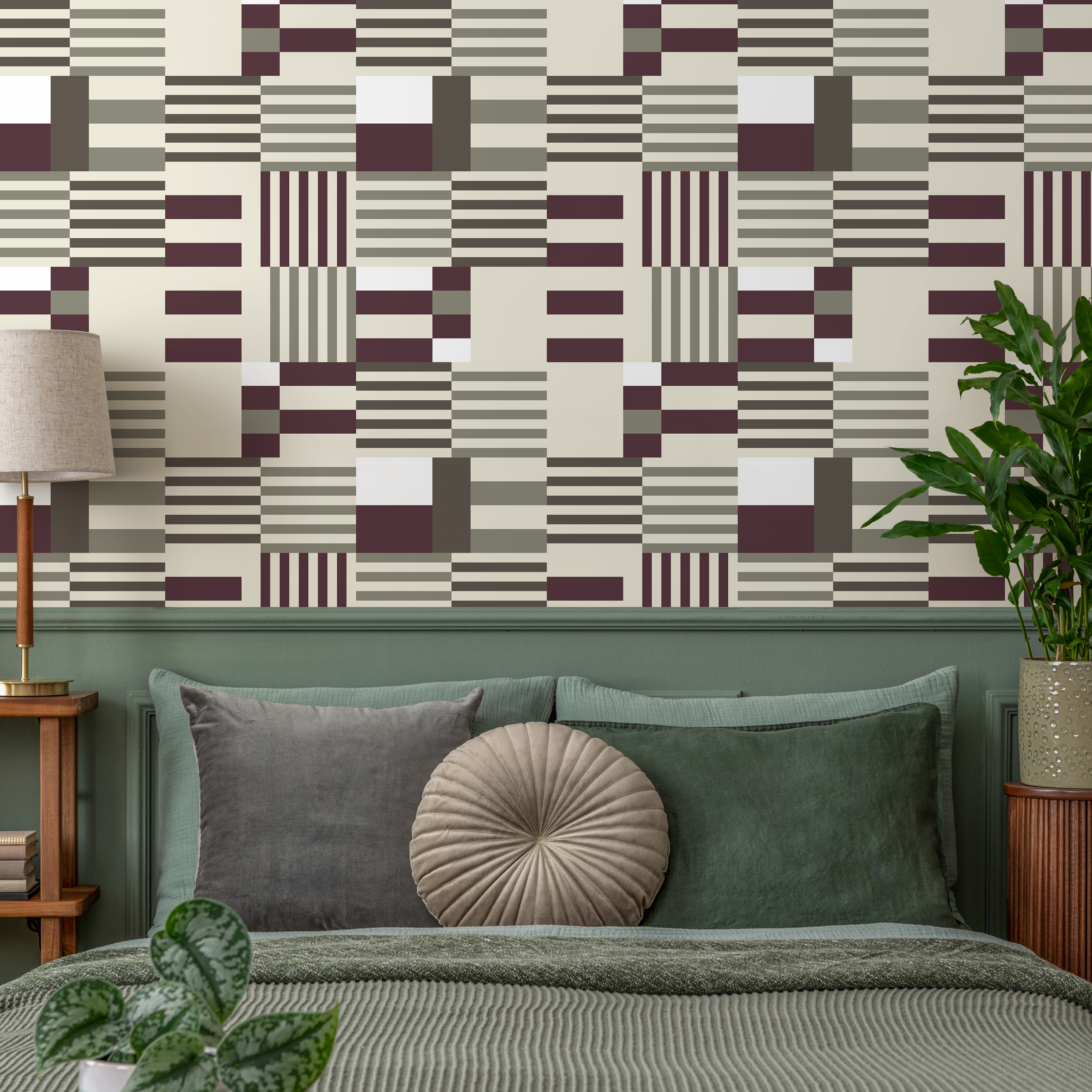 Geometric Wallpaper With A Modern Block Motif In Purple, Grey, And Beige - D846