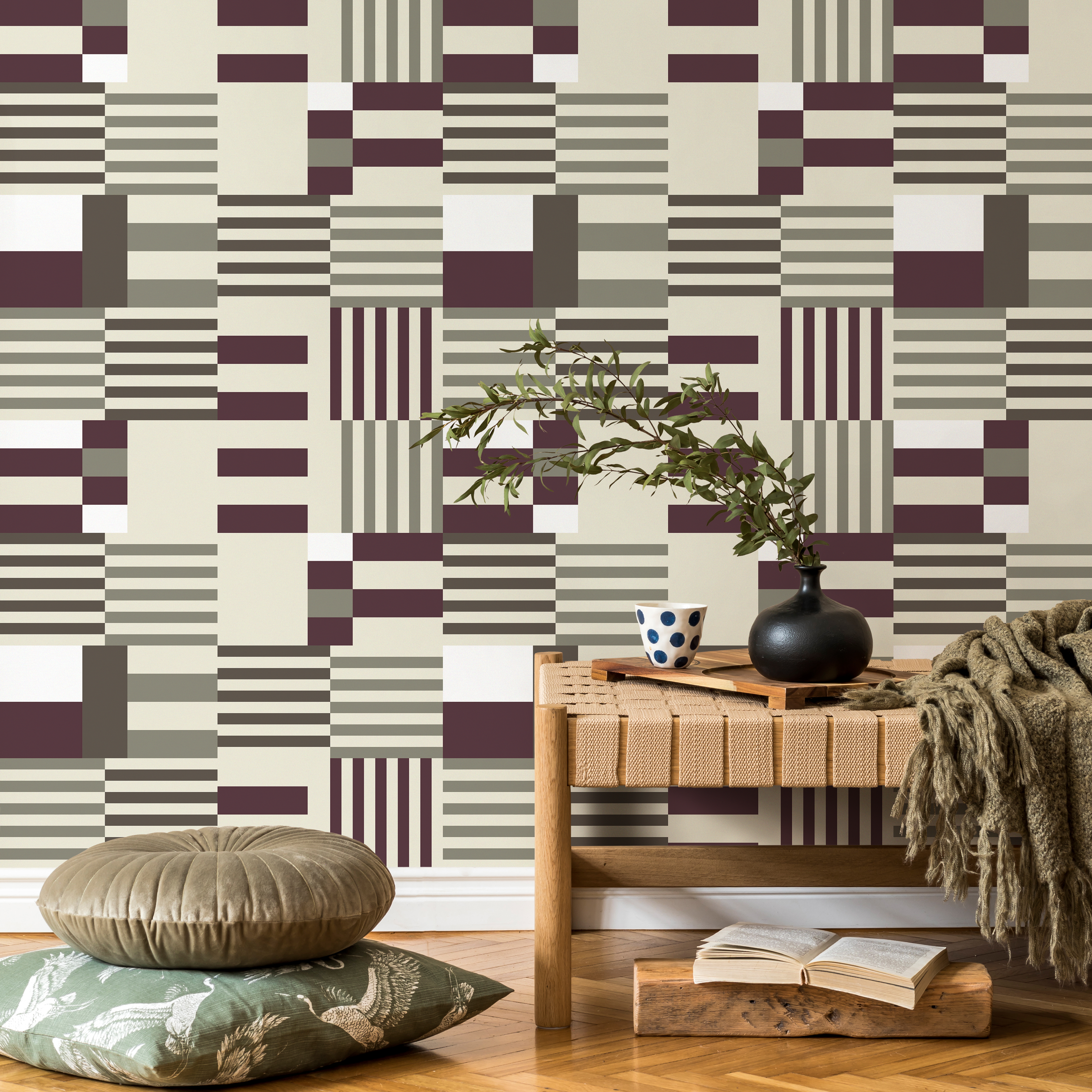 Geometric Wallpaper With A Modern Block Motif In Purple, Grey, And Beige - D846