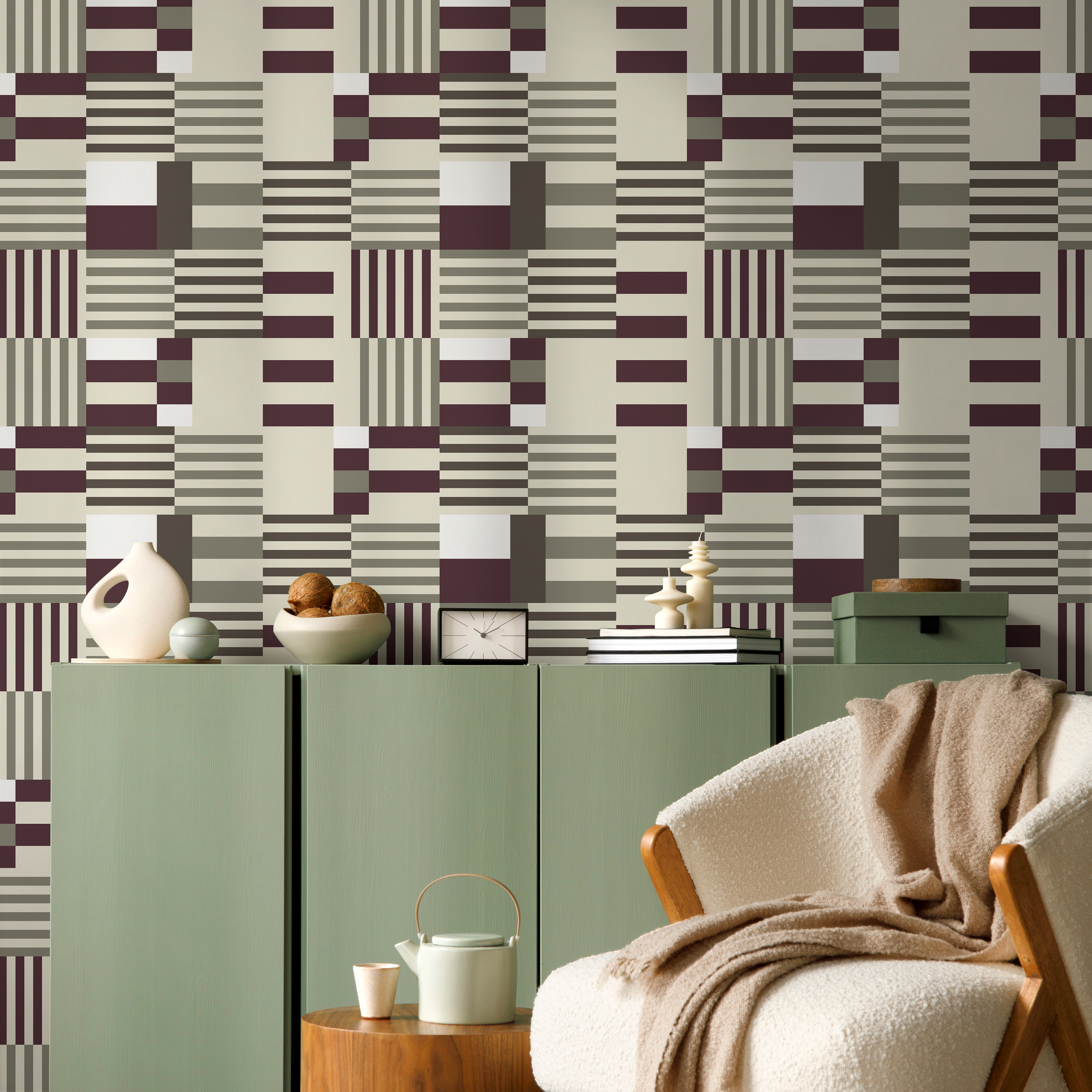Geometric Wallpaper With A Modern Block Motif In Purple, Grey, And Beige - D846