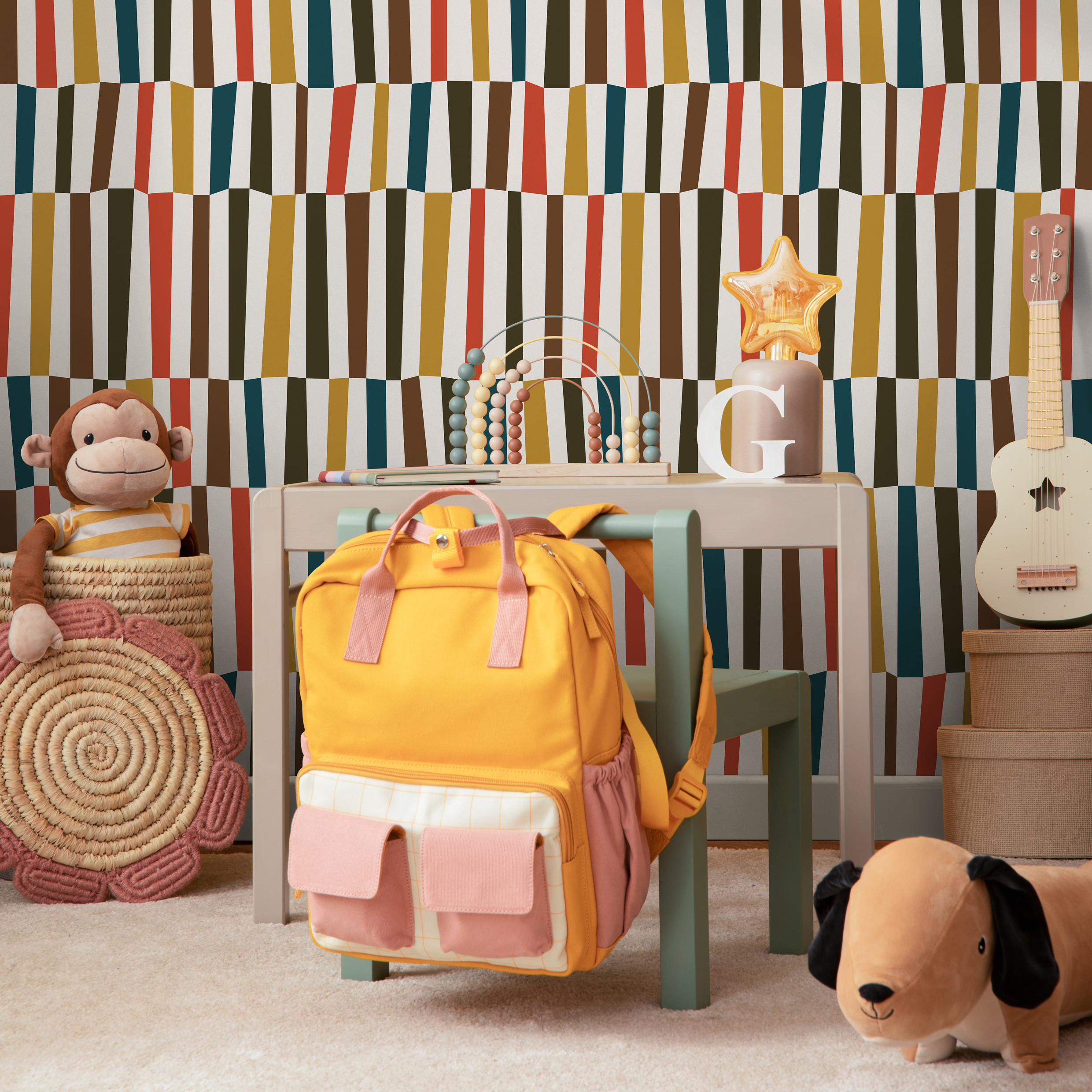 Mid Century Wallpaper With A Block Stripe Design In Teal, Mustard, And Red - D852