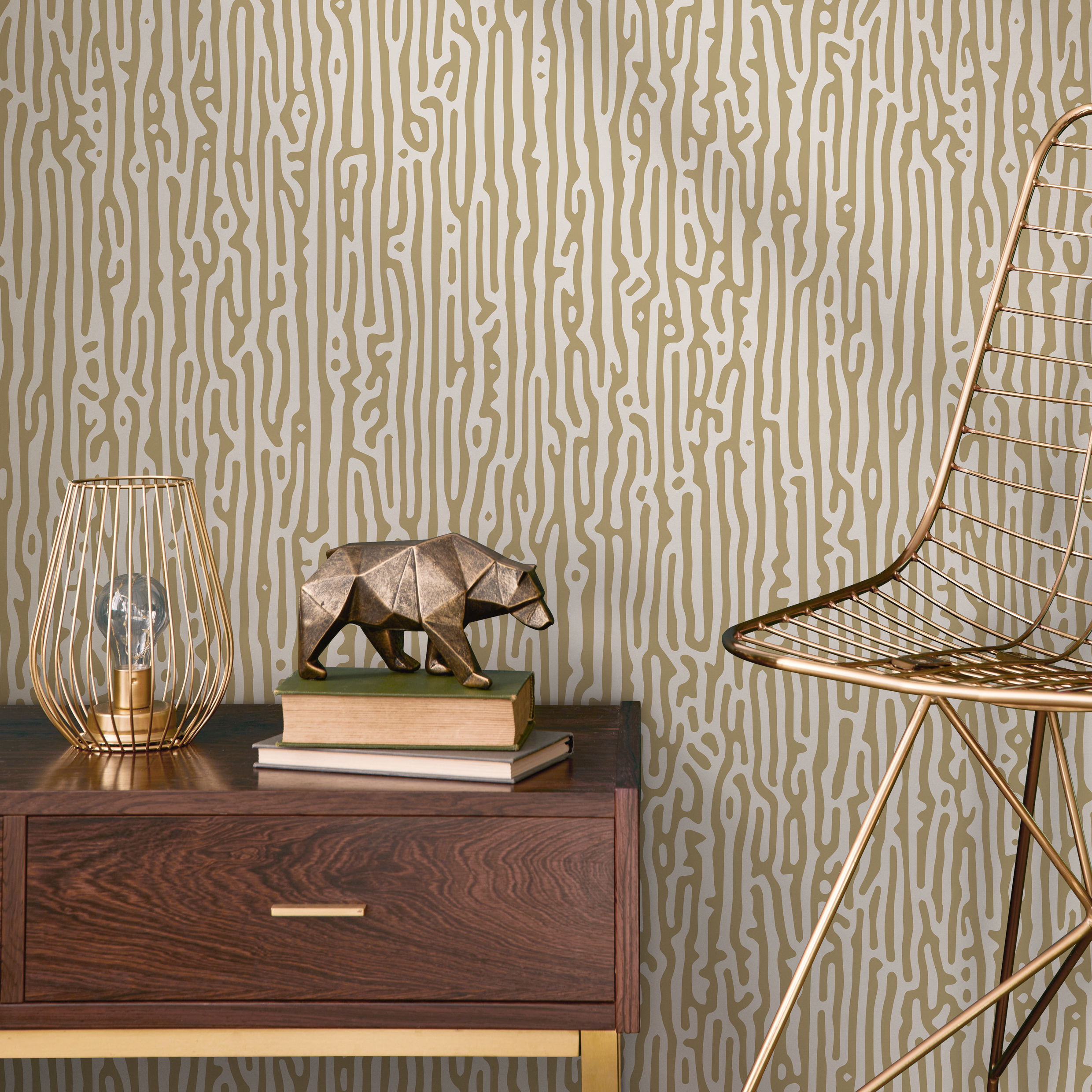 Striped Wallpaper With An Organic Motif In Beige And Light Grey - D855