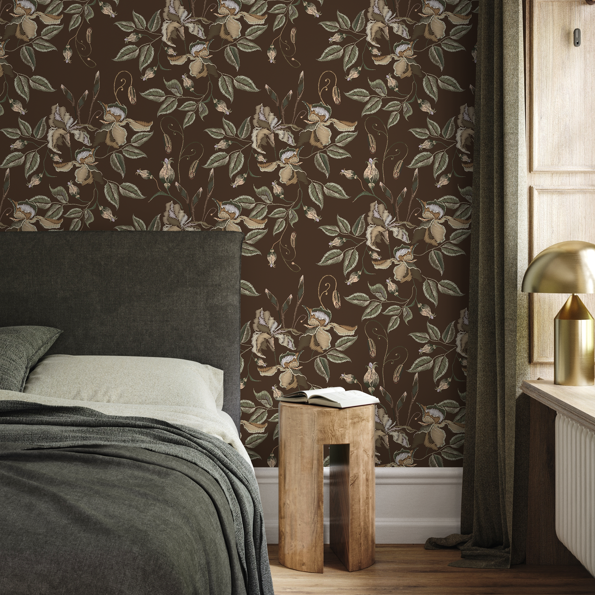 Floral Wallpaper Featuring A Vintage Iris Motif In Brown, Beige, And Green - D870