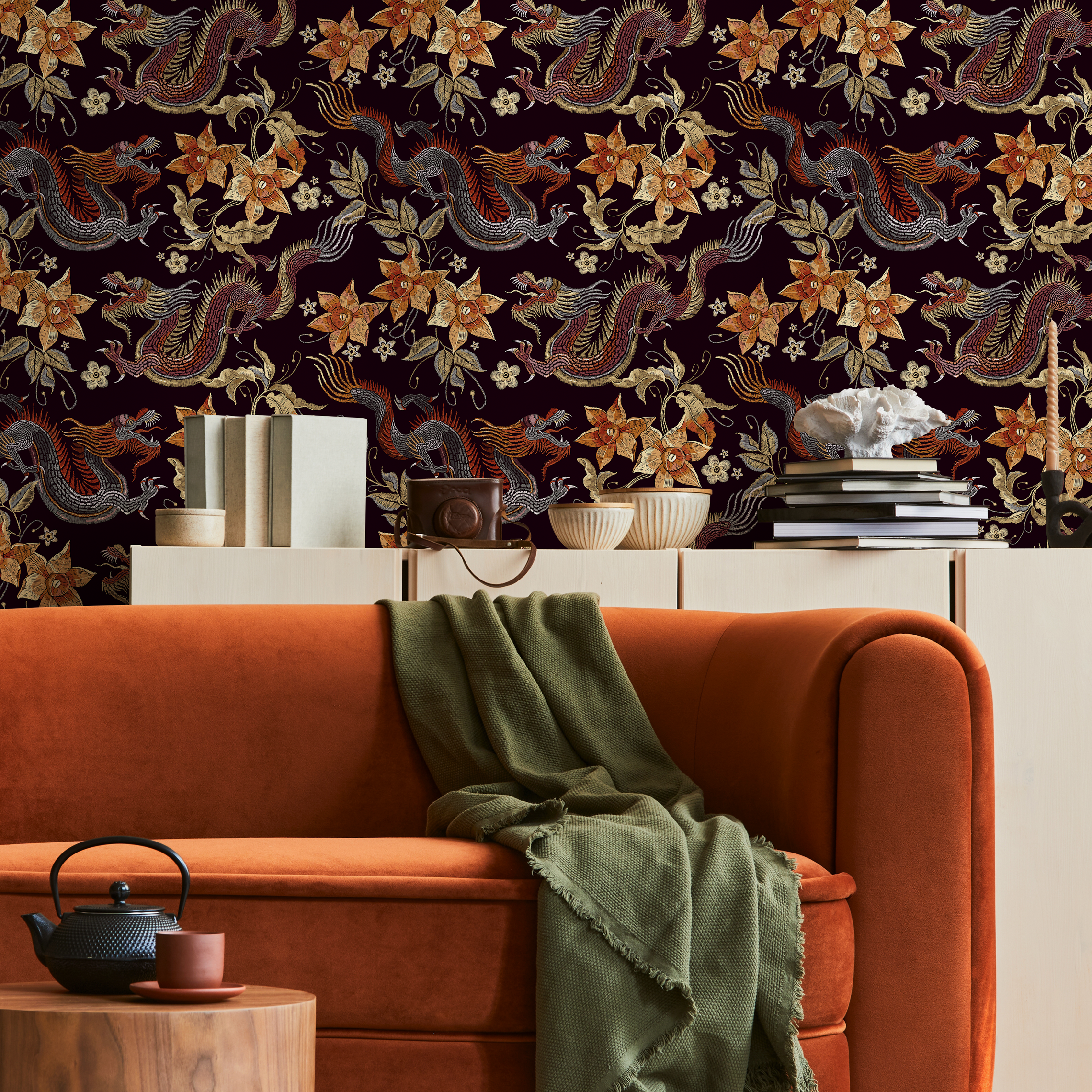 Chinoiserie Wallpaper With Dragons And Florals In Red And Orange - D874