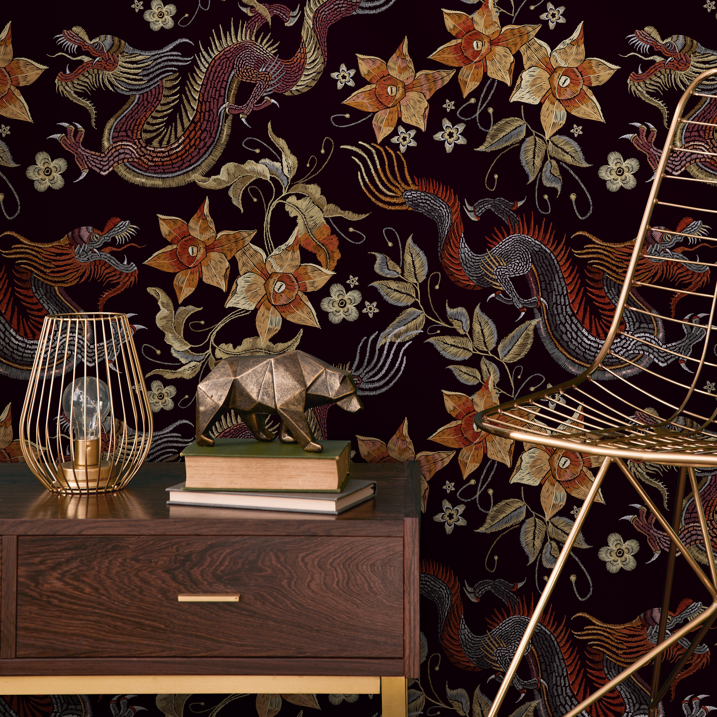 Chinoiserie Wallpaper With Dragons And Florals In Red And Orange - D874