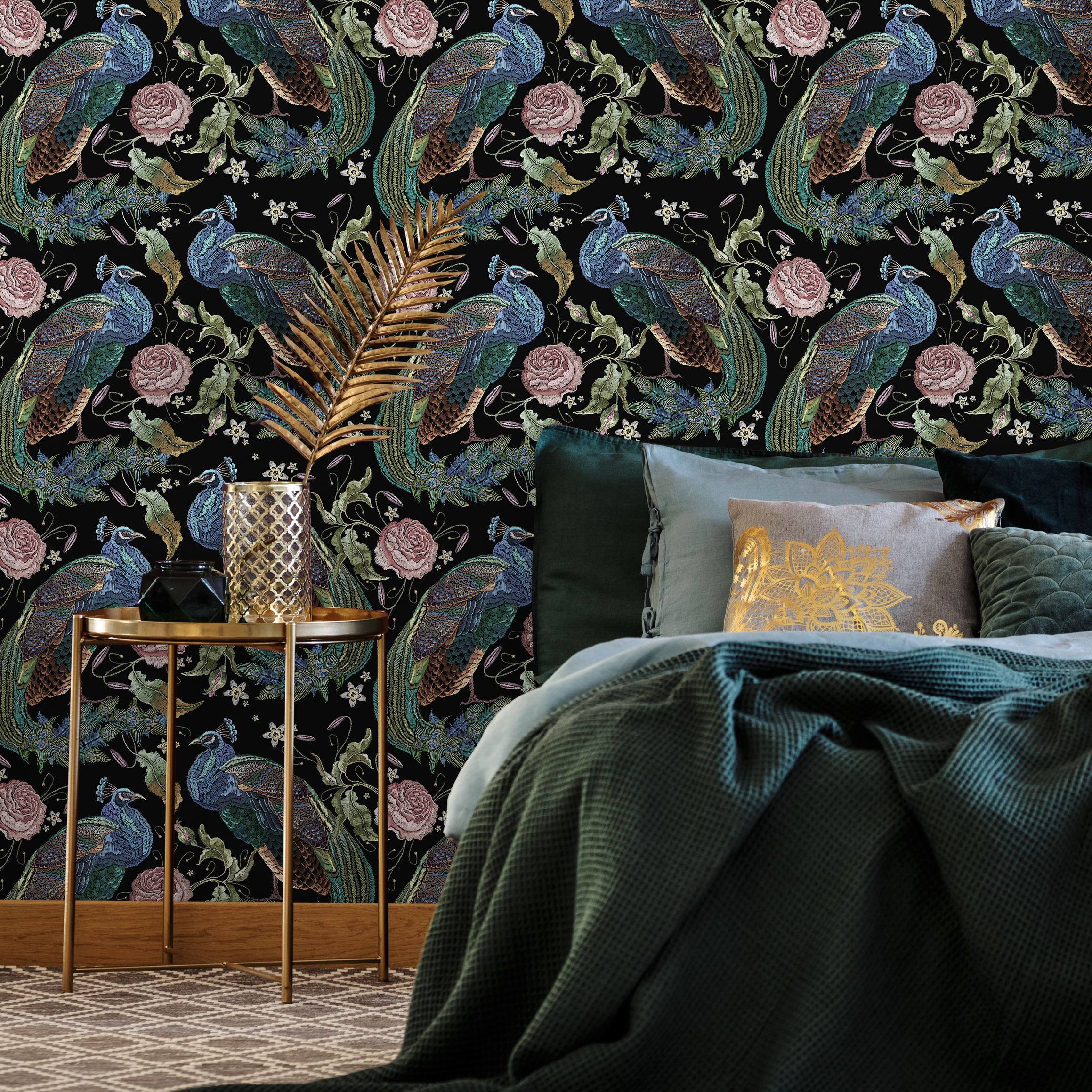 Floral Wallpaper With Embroidered Peacocks And Roses In Black, Blue, And Pink - D884