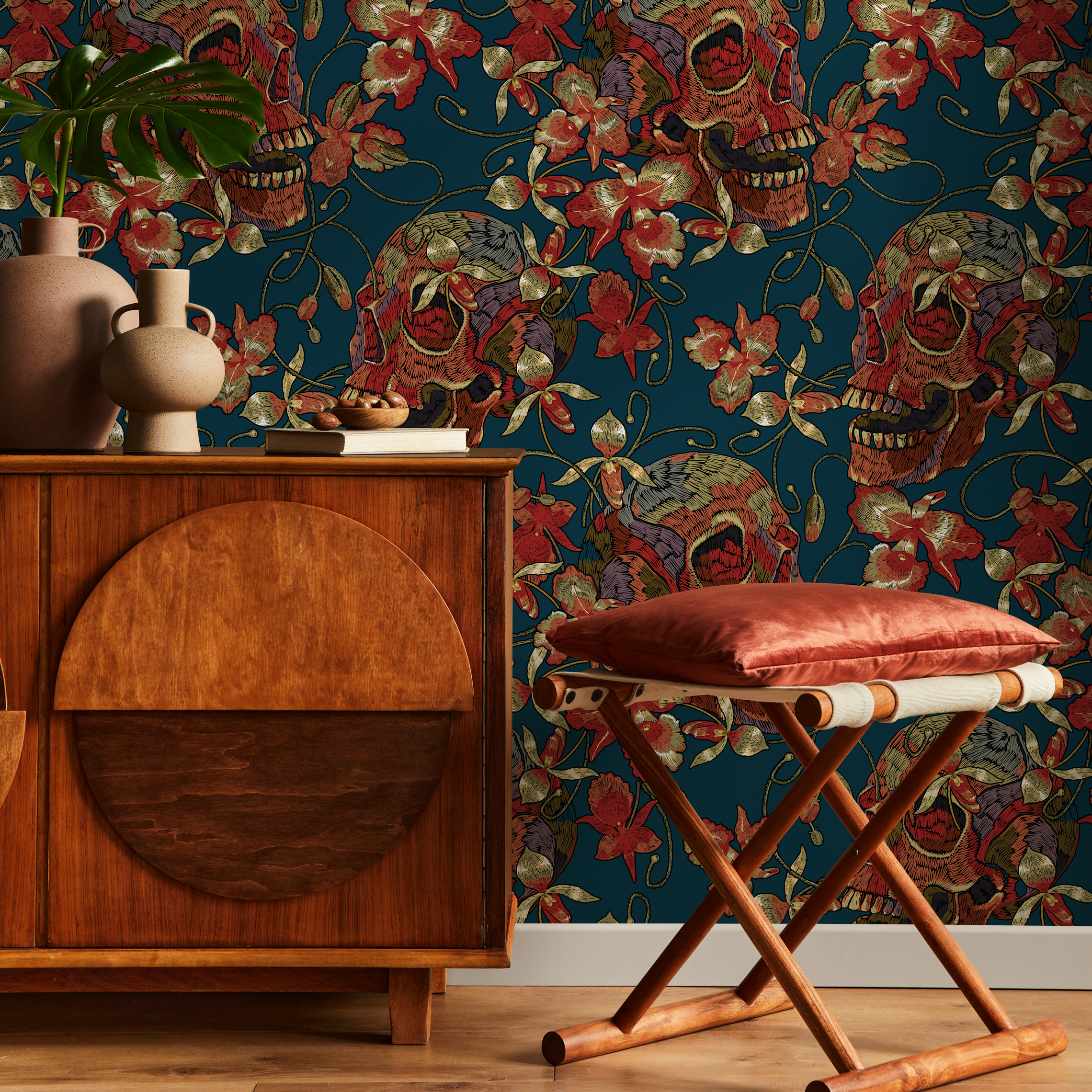 Gothic Wallpaper With Embroidered Skulls And Florals In Teal, Red, And Gold - D895