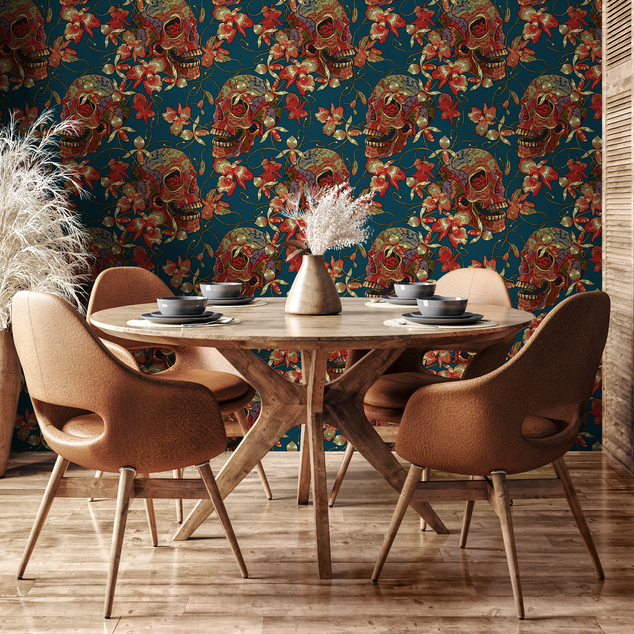 Gothic Wallpaper With Embroidered Skulls And Florals In Teal, Red, And Gold - D895