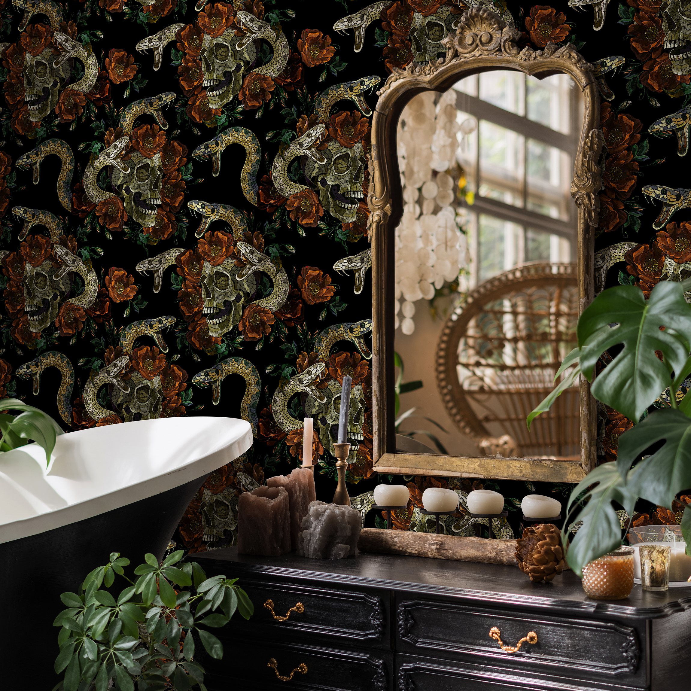 Gothic Floral Wallpaper With Skulls And Snakes In Black, Orange, And Green - D901