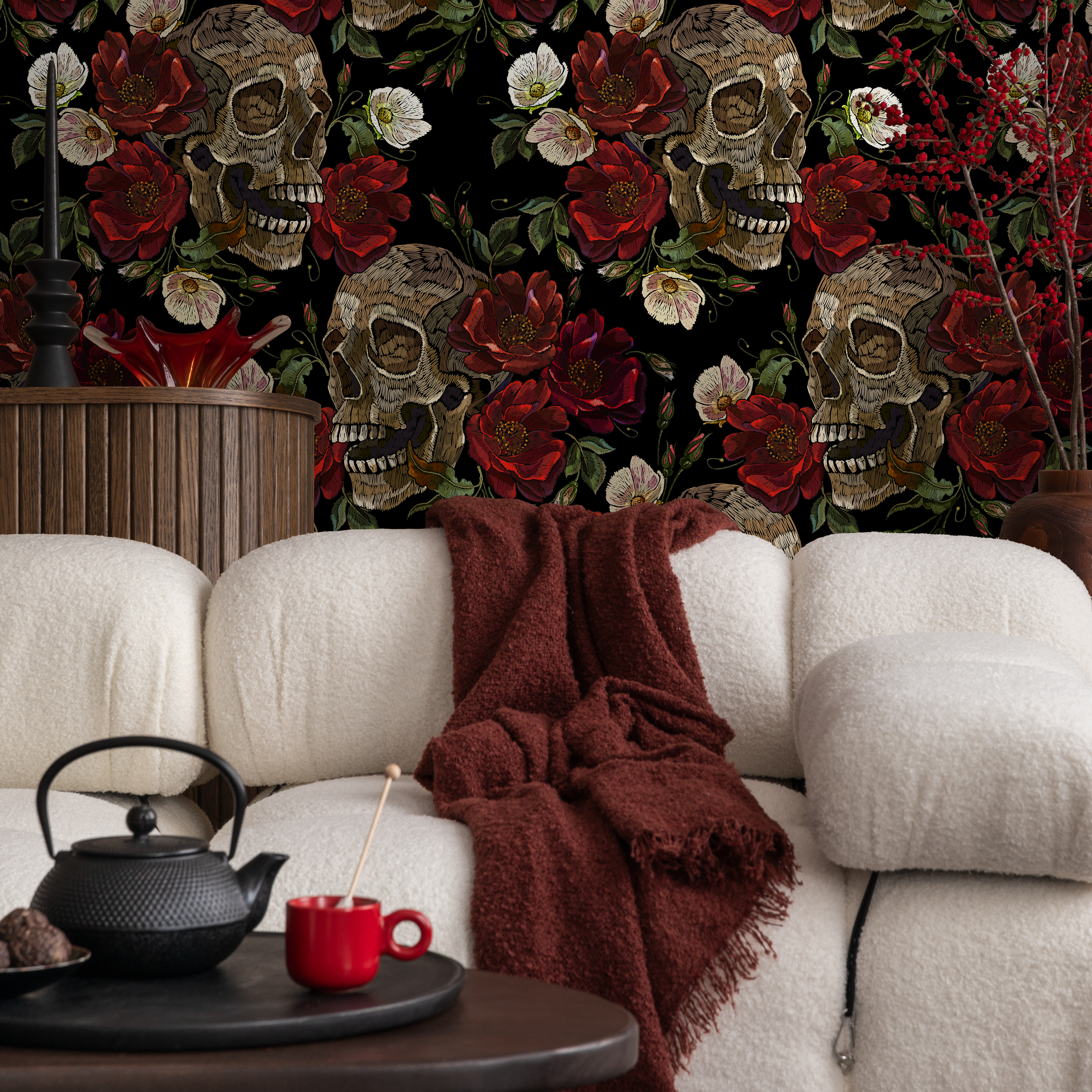 Gothic Wallpaper With Skulls And Roses In Black, Red, And Beige - D905