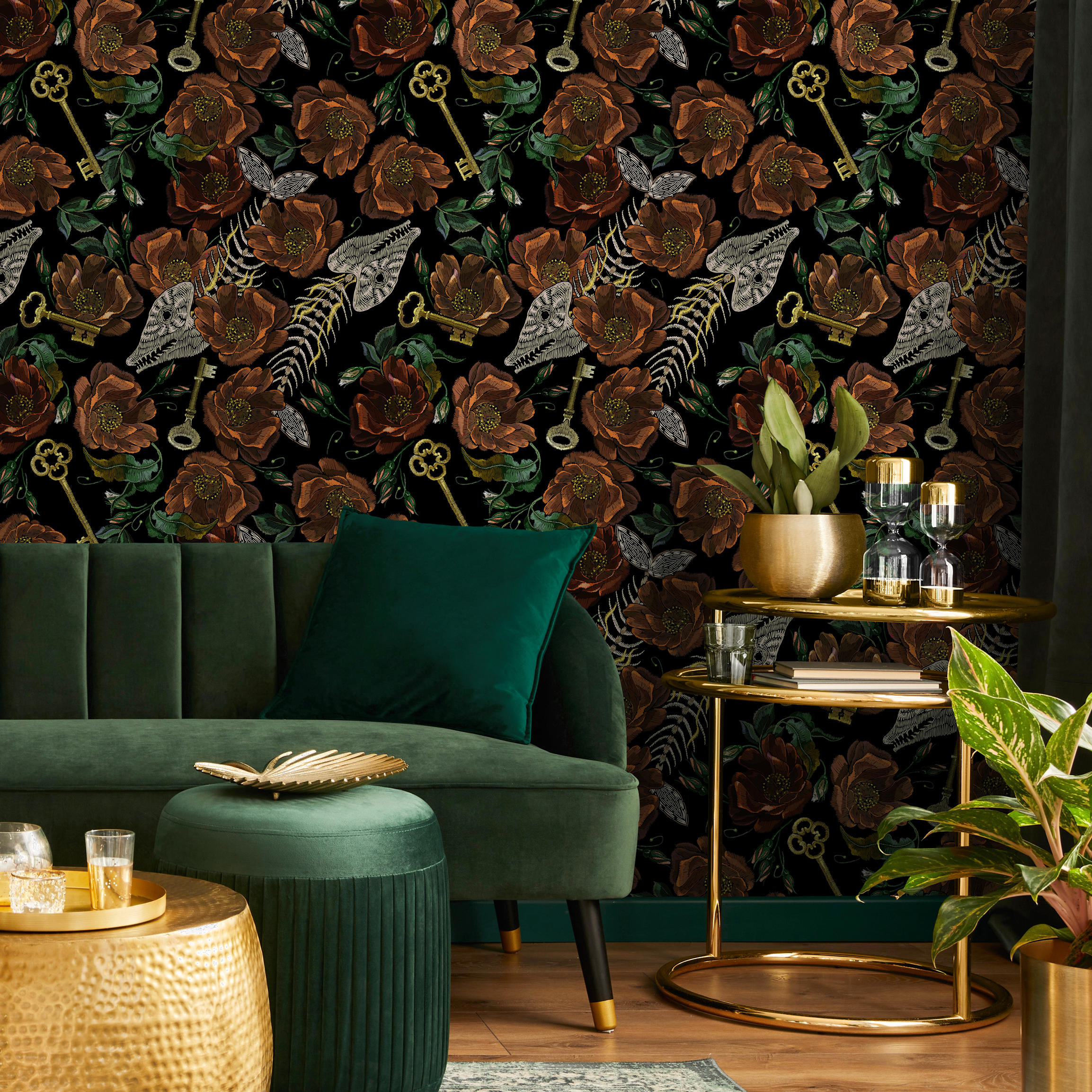 Floral Wallpaper With Gothic Fish Skeletons And Keys In Burnt Orange And Gold - D919