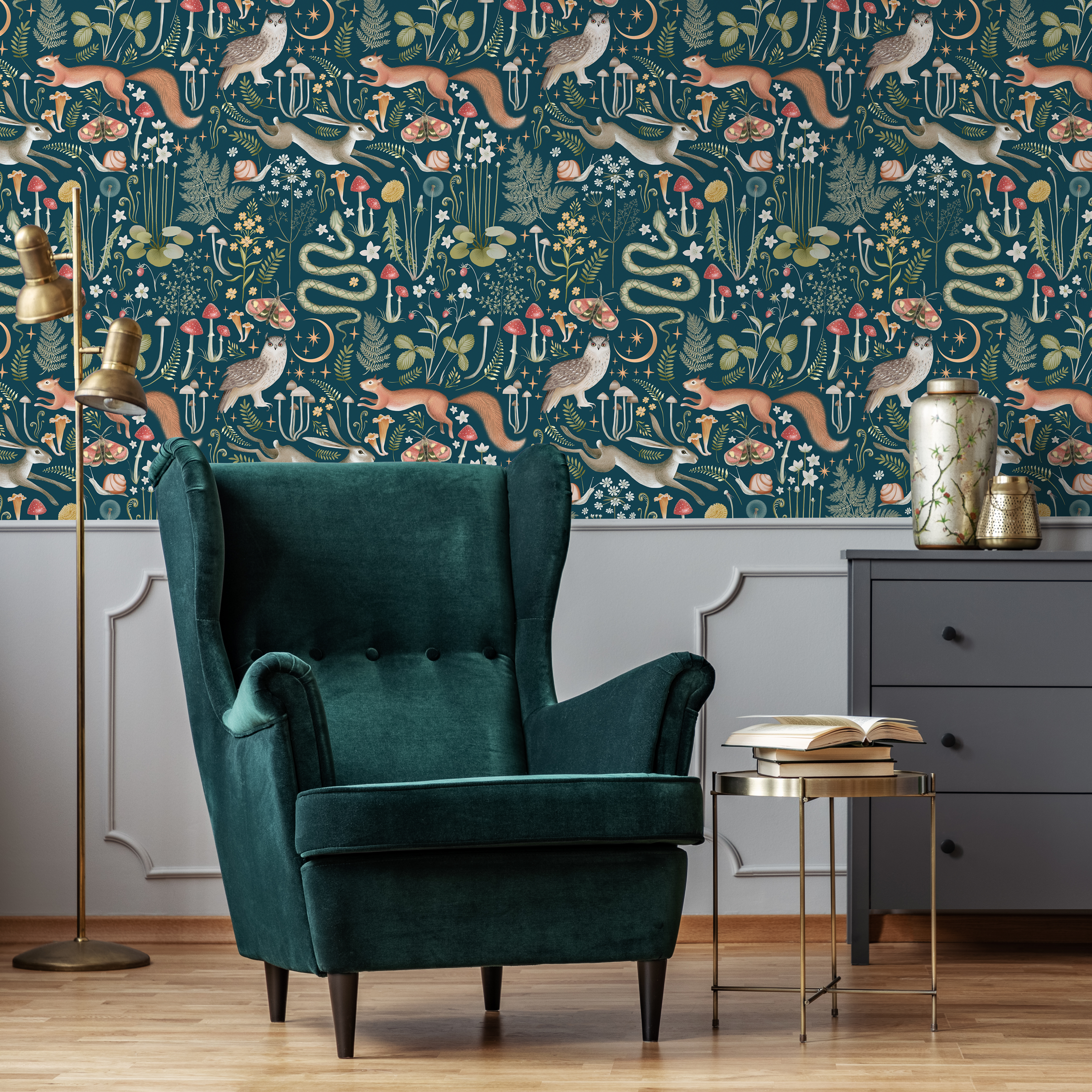 Woodland Wallpaper With Forest Animals And Flora In Teal, Orange, And Green - D929