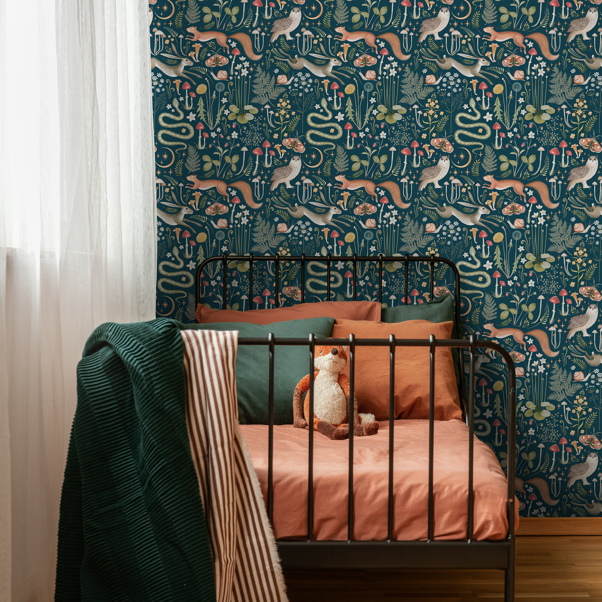 Woodland Wallpaper With Forest Animals And Flora In Teal, Orange, And Green - D929