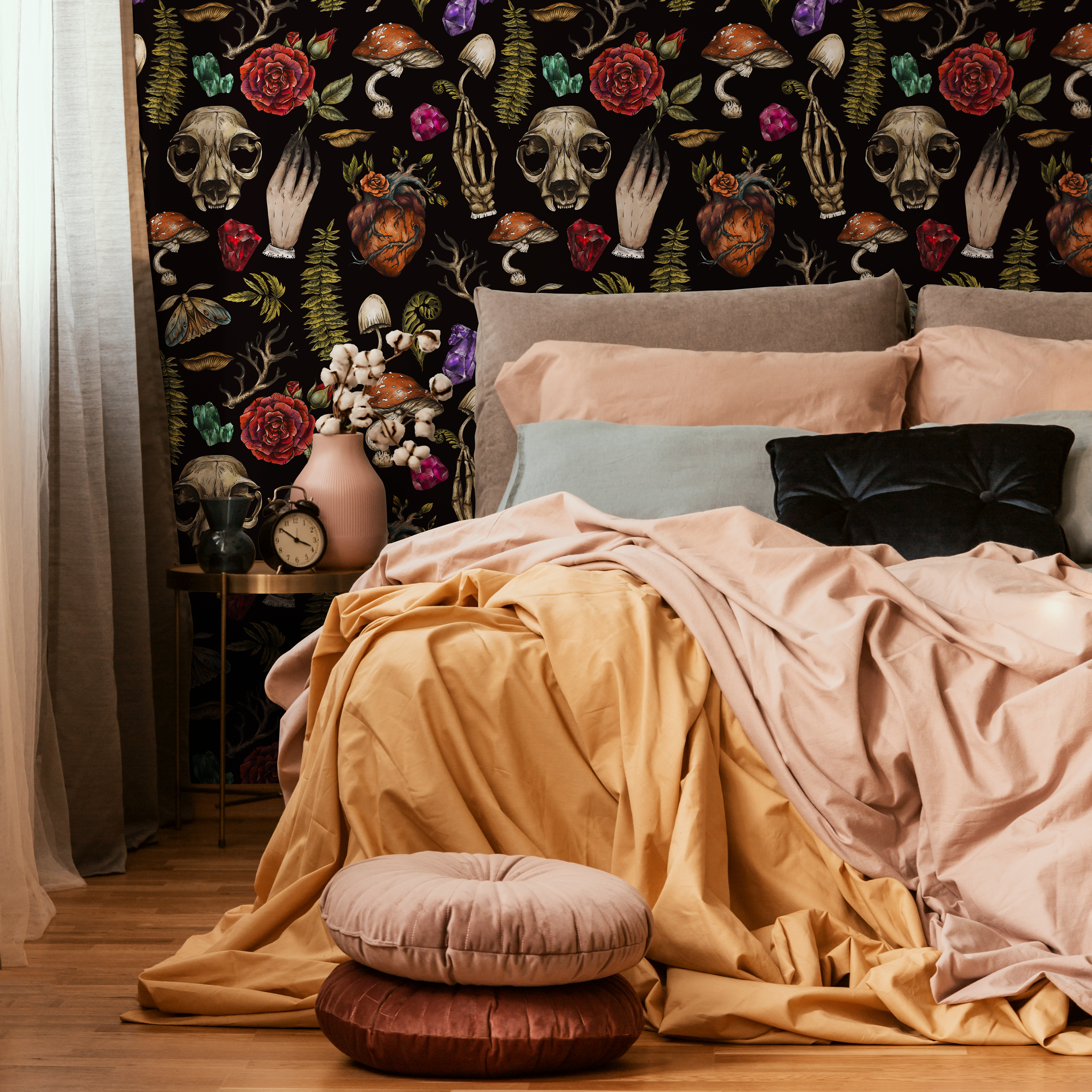 Gothic Wallpaper With Skulls, Roses, And Crystals In Red And Green - D931