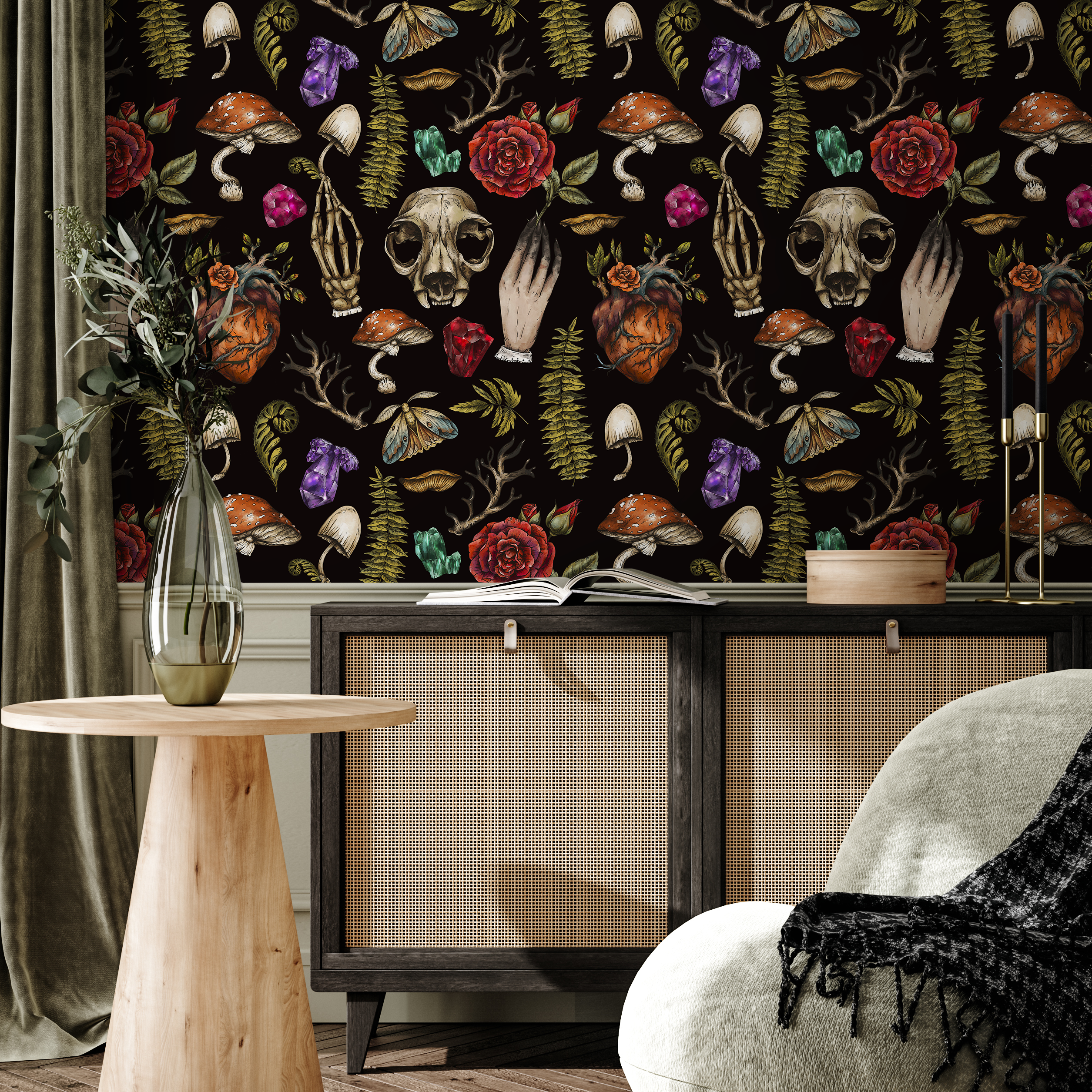 Gothic Wallpaper With Skulls, Roses, And Crystals In Red And Green - D931