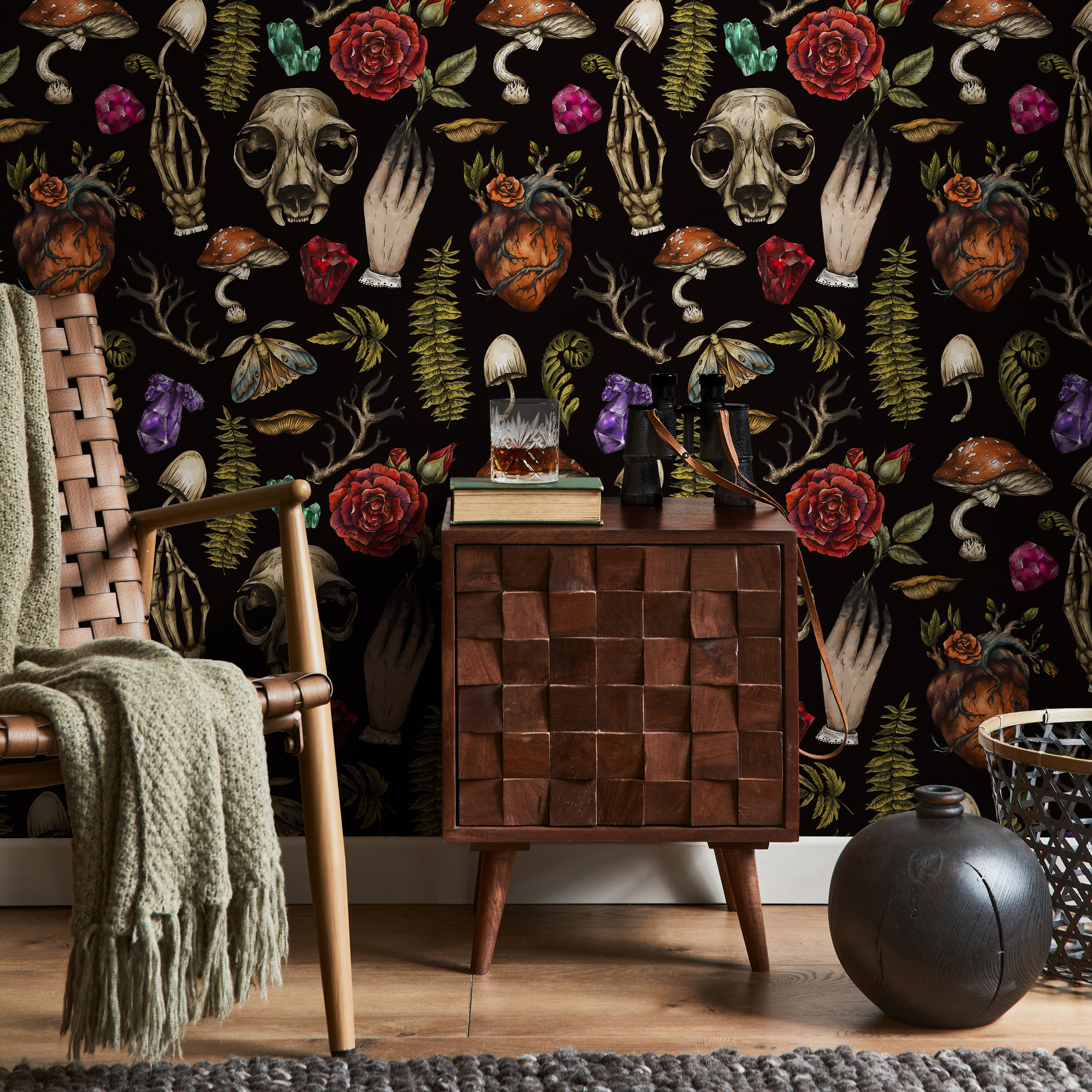 Gothic Wallpaper With Skulls, Roses, And Crystals In Red And Green - D931