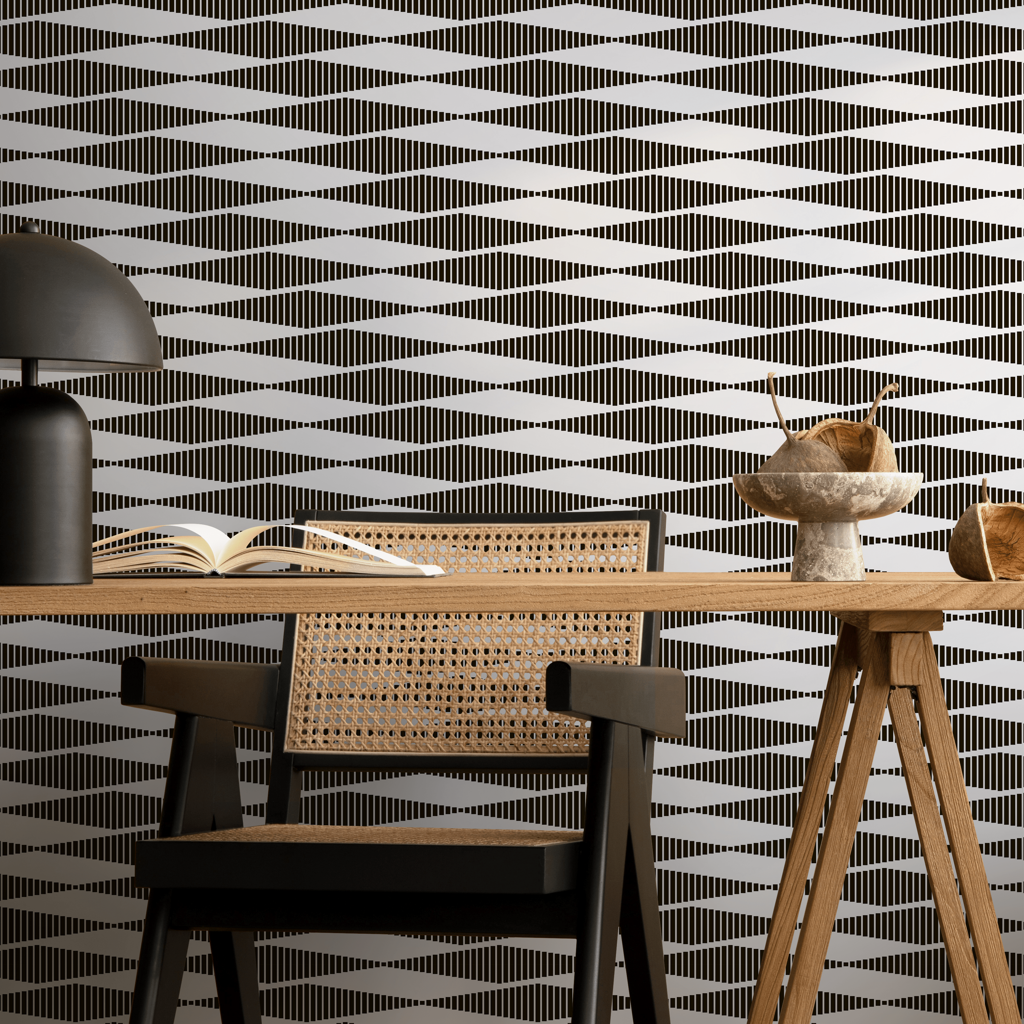 Geometric Wallpaper With An Optical Wave Motif In Black And Light Gray - D943