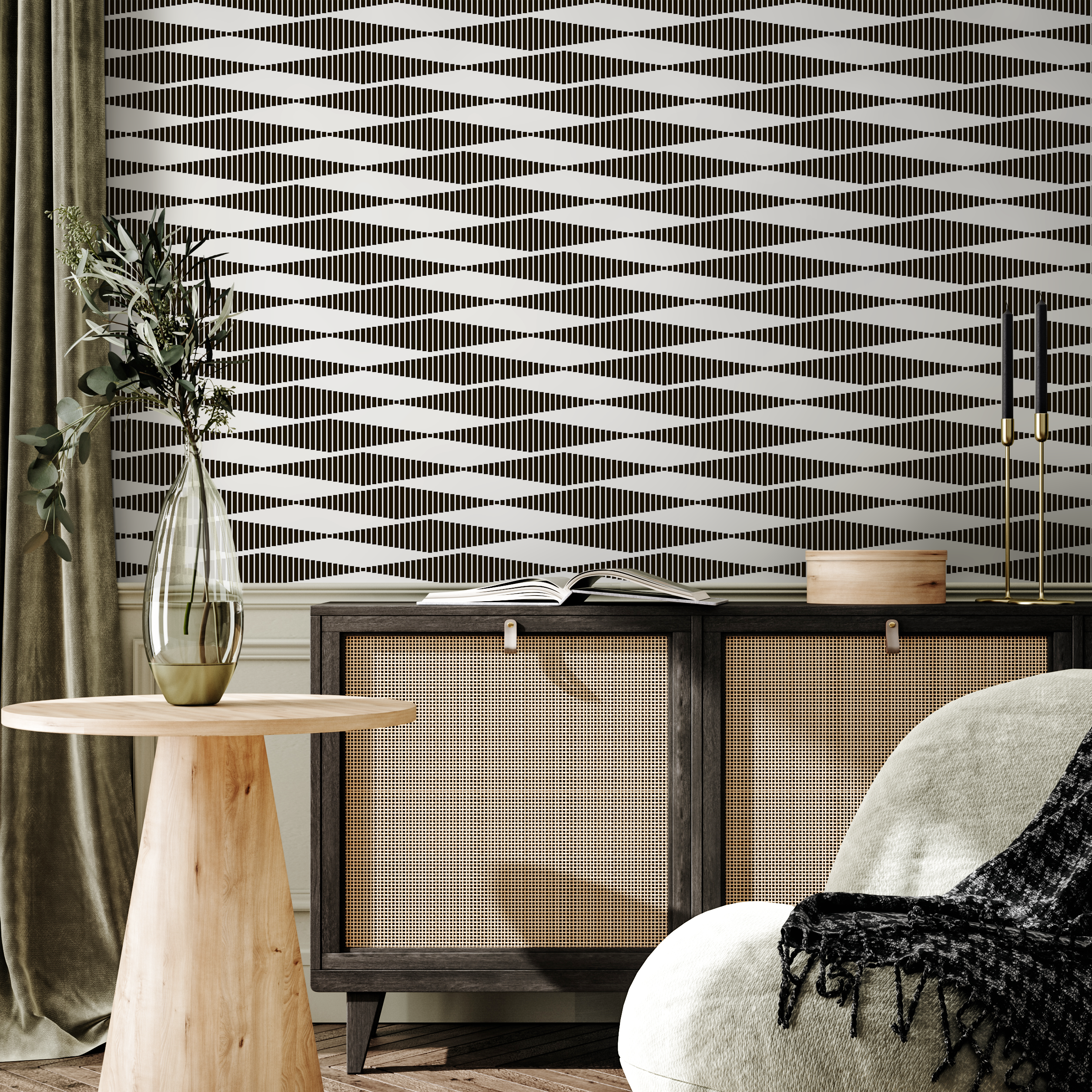 Geometric Wallpaper With An Optical Wave Motif In Black And Light Gray - D943