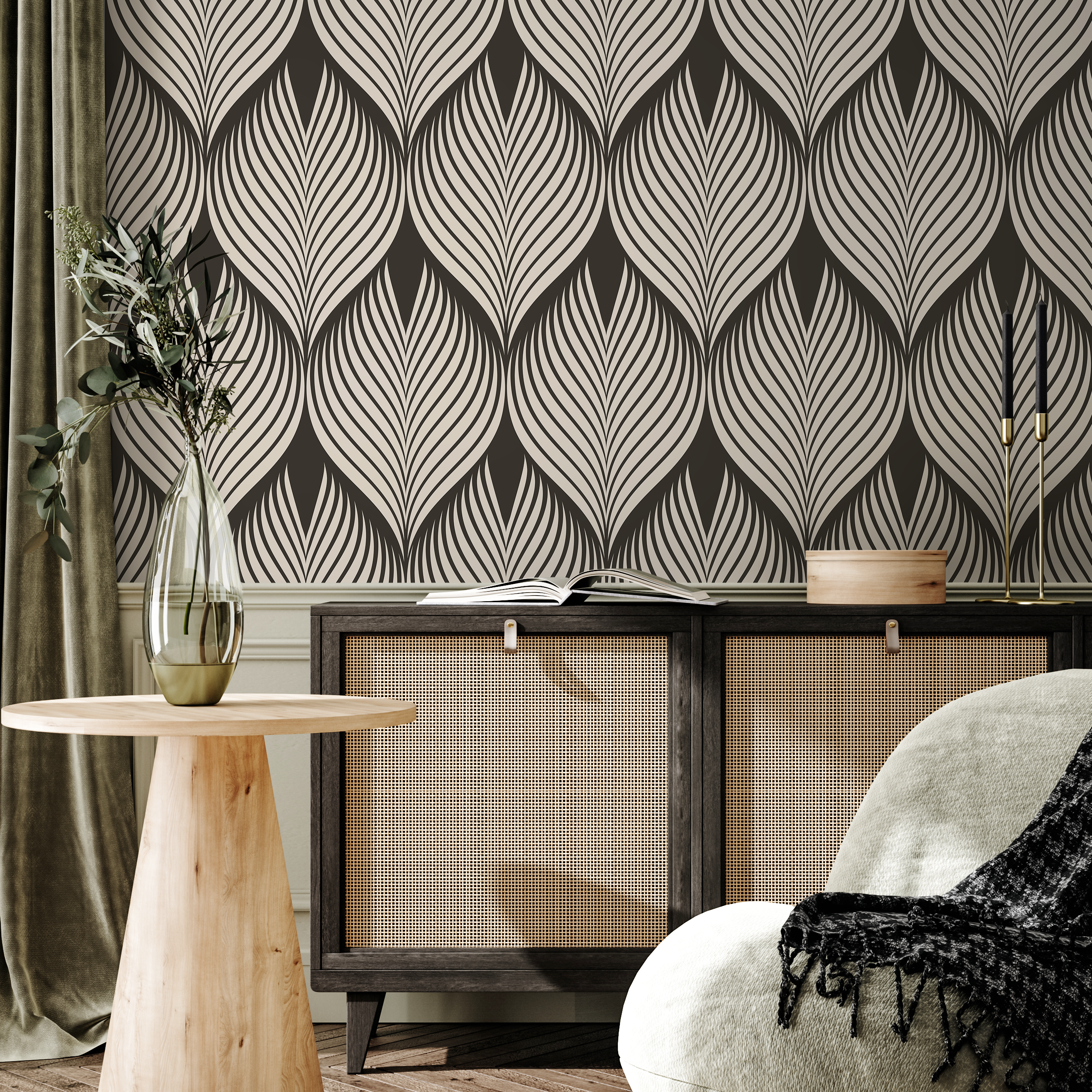 Art Deco Wallpaper With A Stylized Linear Leaf Motif In Brown And Beige - D960