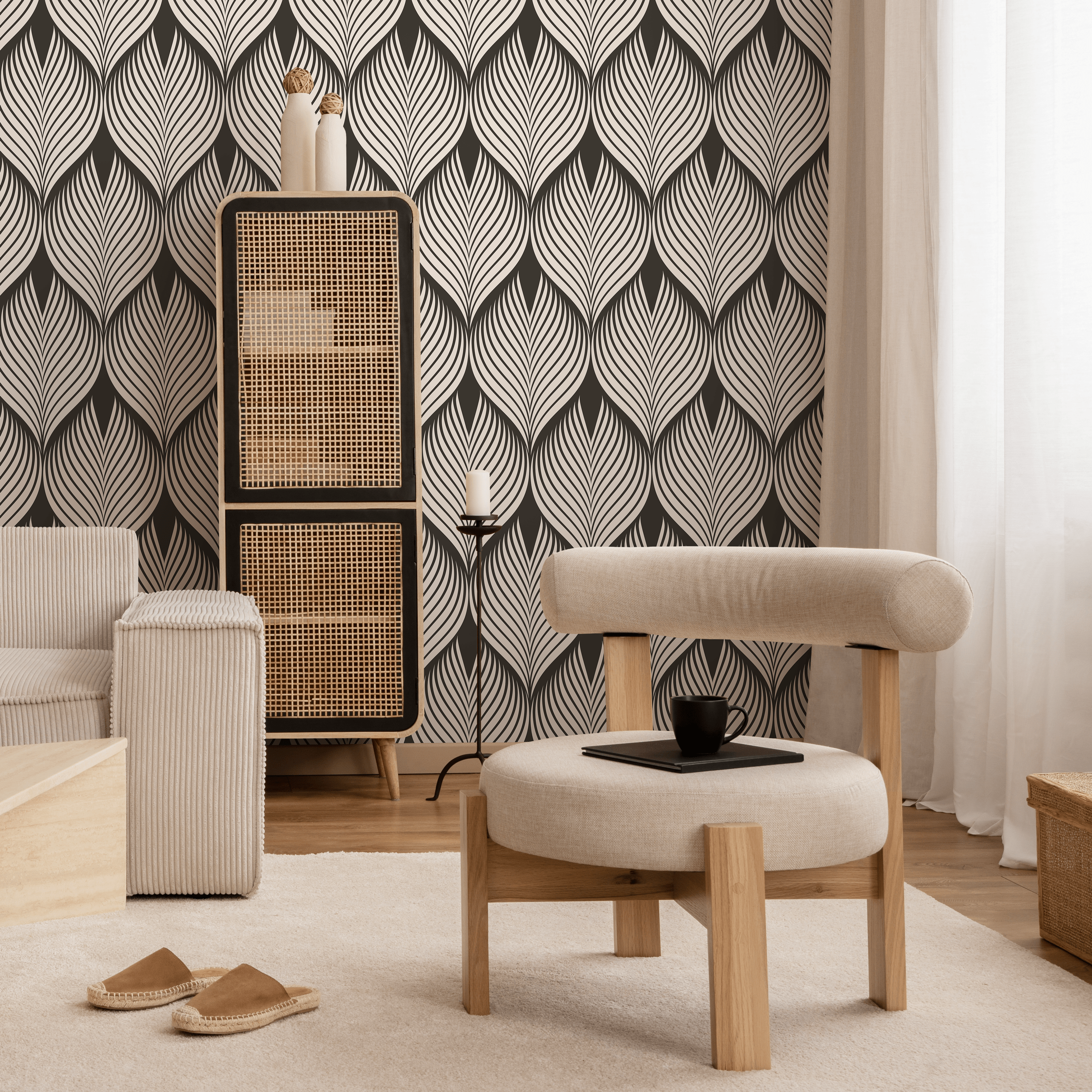 Art Deco Wallpaper With A Stylized Linear Leaf Motif In Brown And Beige - D960