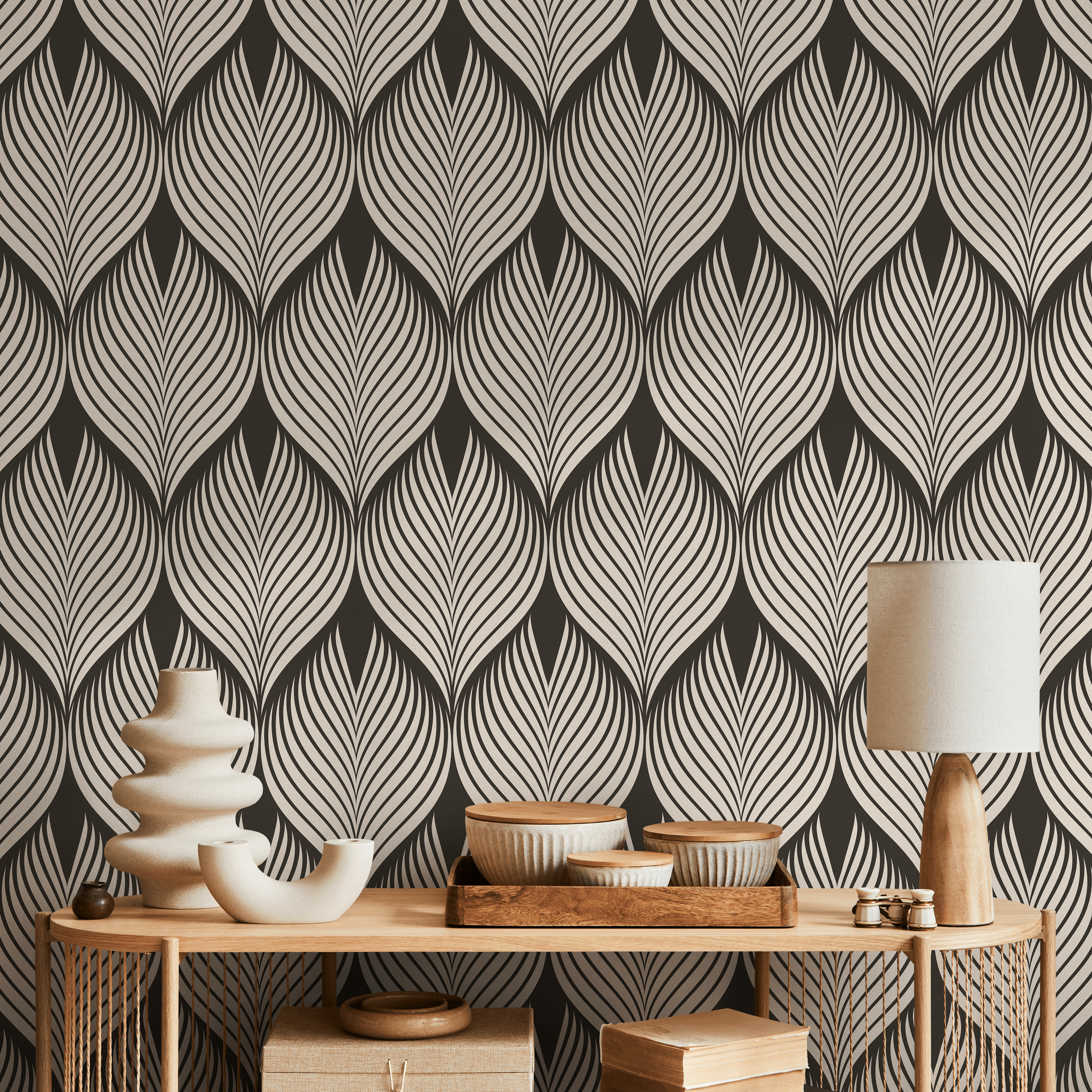 Art Deco Wallpaper With A Stylized Linear Leaf Motif In Brown And Beige - D960